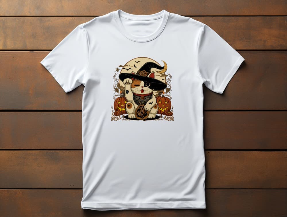 Flat lay of classic women’s Witchy Neko t-shirt featuring Maneki-neko cat with witch hat, tattoos, pumpkins, and crescent moon