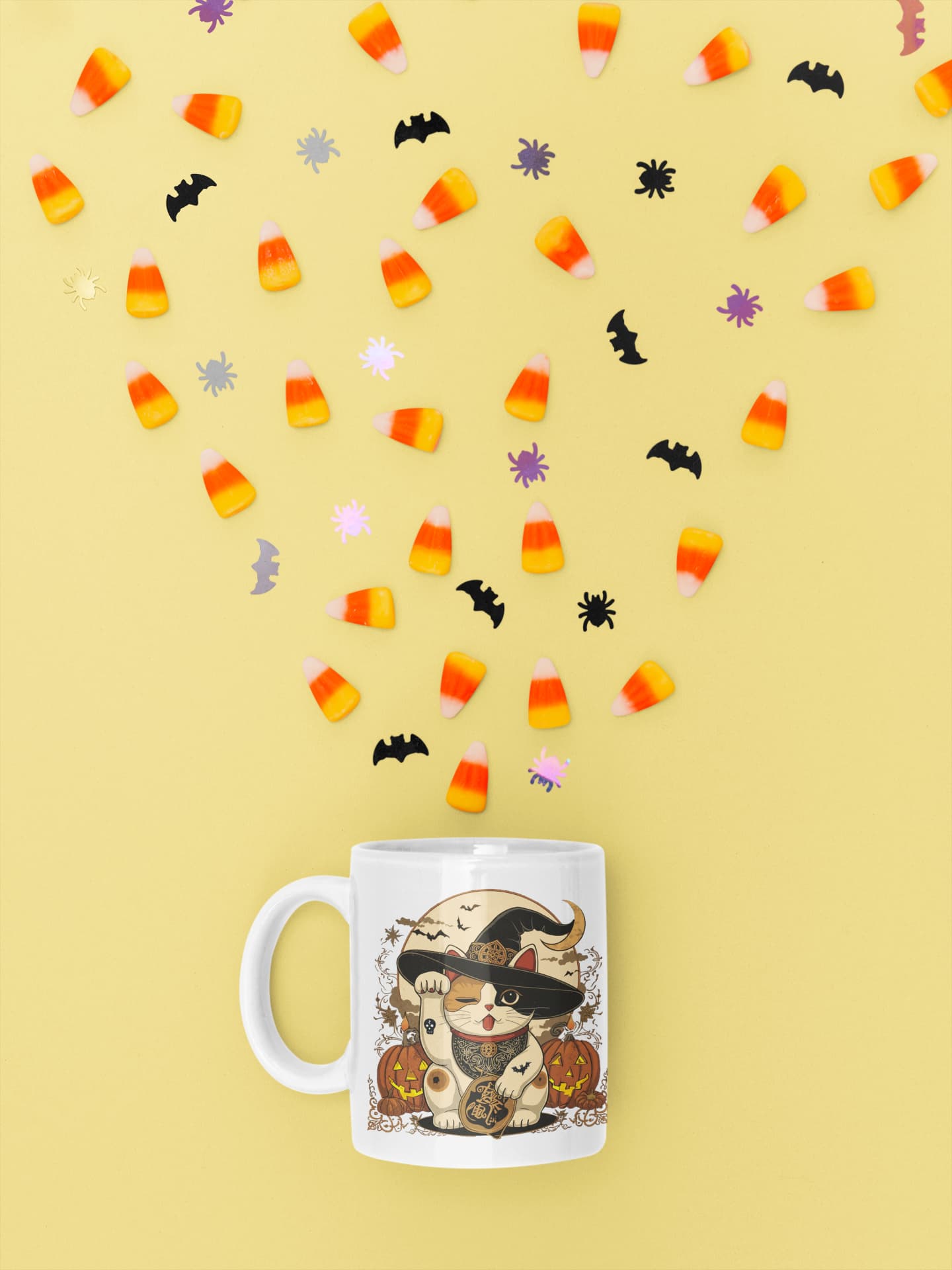 11oz ceramic mug Witchy Neko – Halloween Maneki-neko witch design with pumpkins, candles, and crescent moon, part of Felinamia’s Meowlloween collection.