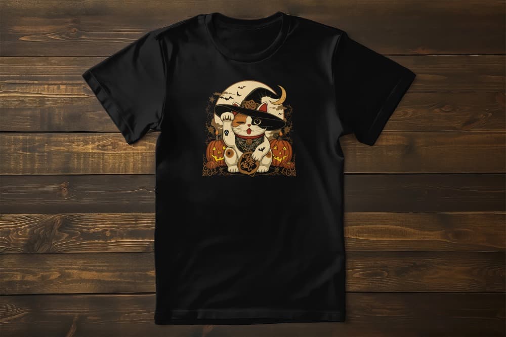 Flat lay of classic women’s Witchy Neko t-shirt featuring Maneki-neko cat with witch hat, tattoos, pumpkins, and crescent moon