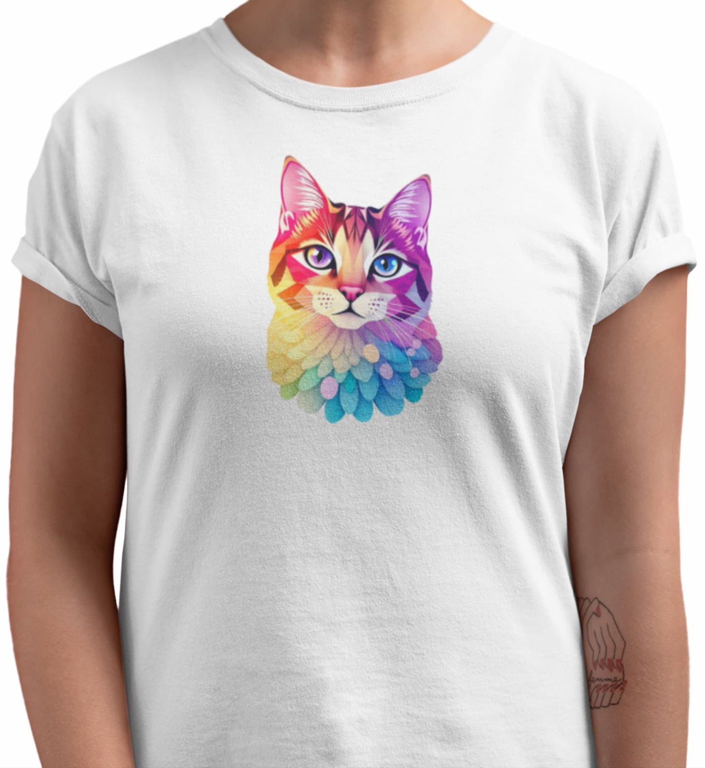 Close-up of Colorscat design showing vibrant multicolored artistic cat illustration on women’s t-shirt