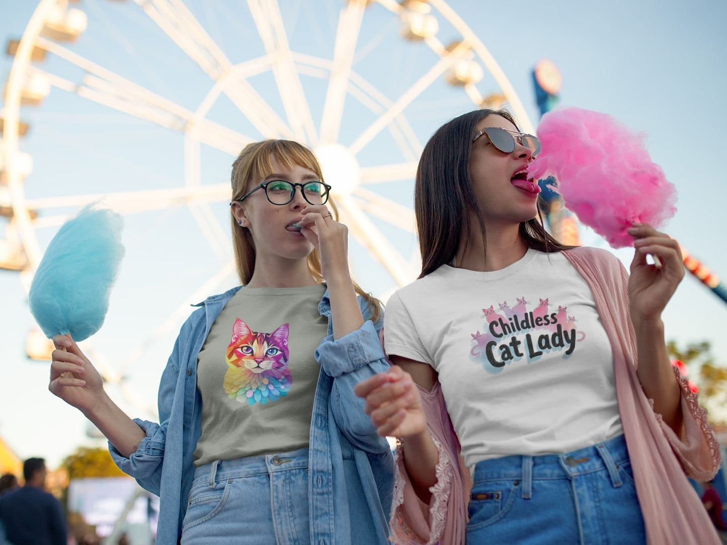 Model wearing Colorscat colorful artistic women’s t-shirt, feminine graphic cat tee