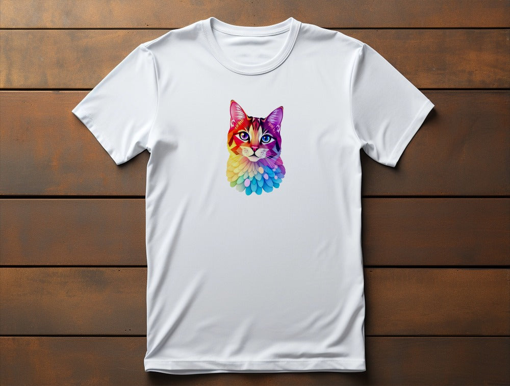 Flat lay of Colorscat classic women’s t-shirt featuring multicolored artistic cat illustration