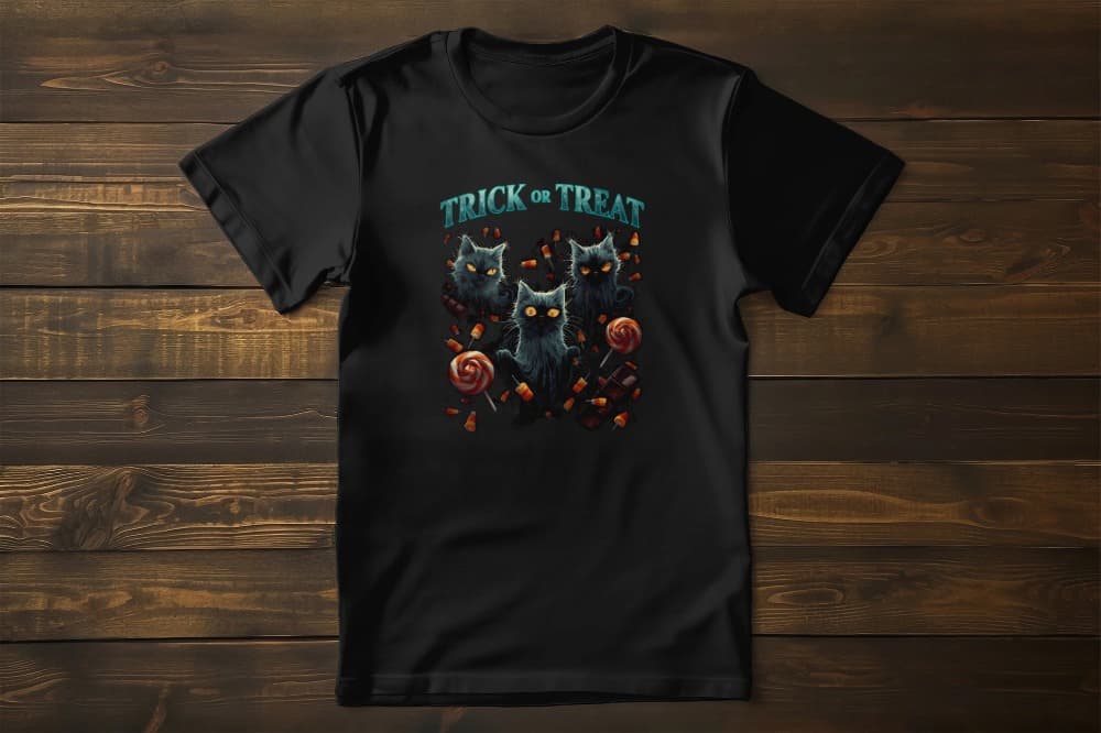 Flat lay of unisex premium Sweet But Spooky t-shirt featuring ghostly cats with candy corn, lollipops, and chocolate bars in spooky style