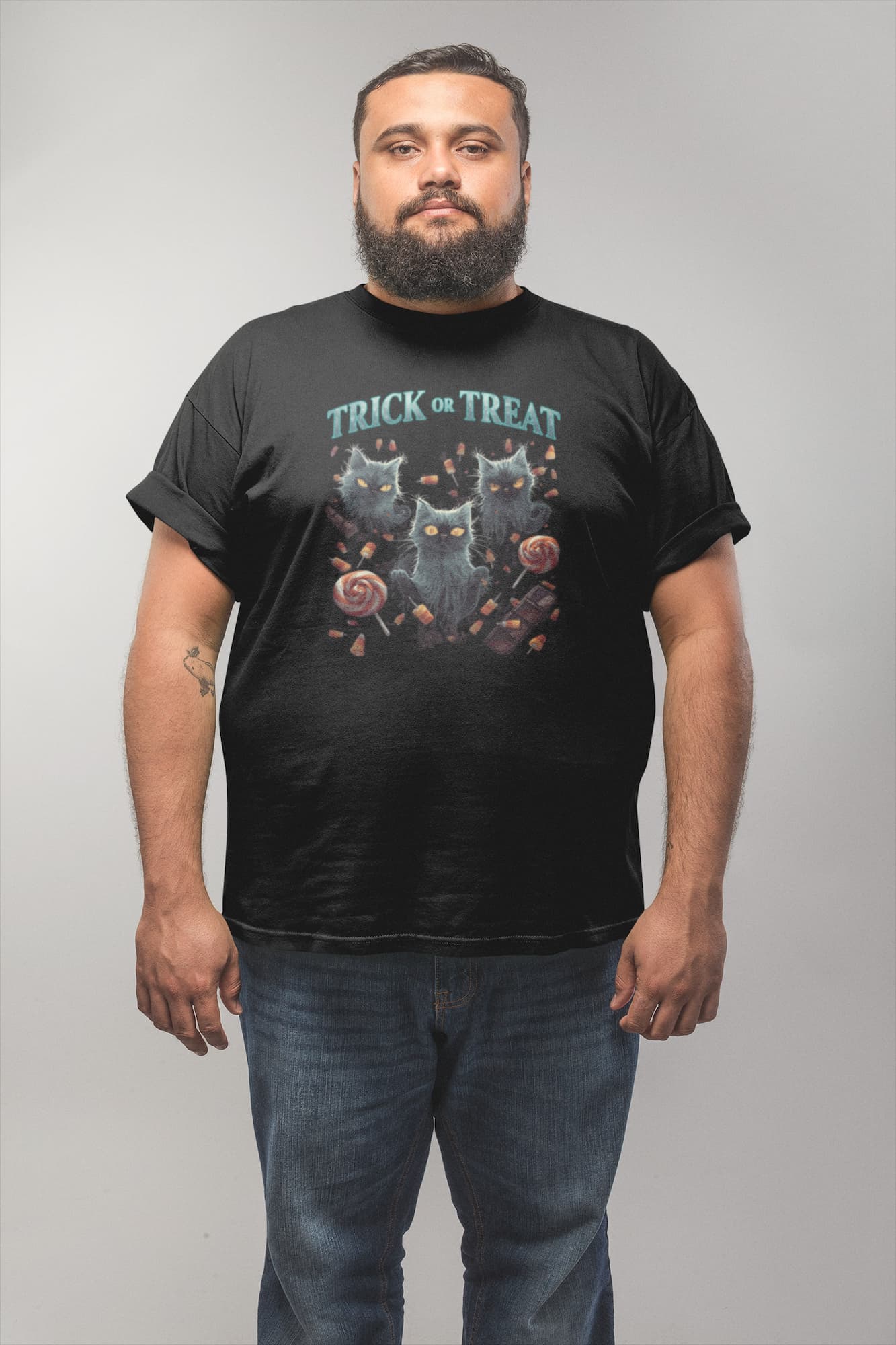 Mockup of unisex premium Sweet But Spooky cat t-shirt with Halloween ghost cats and candy design by Felinamia
