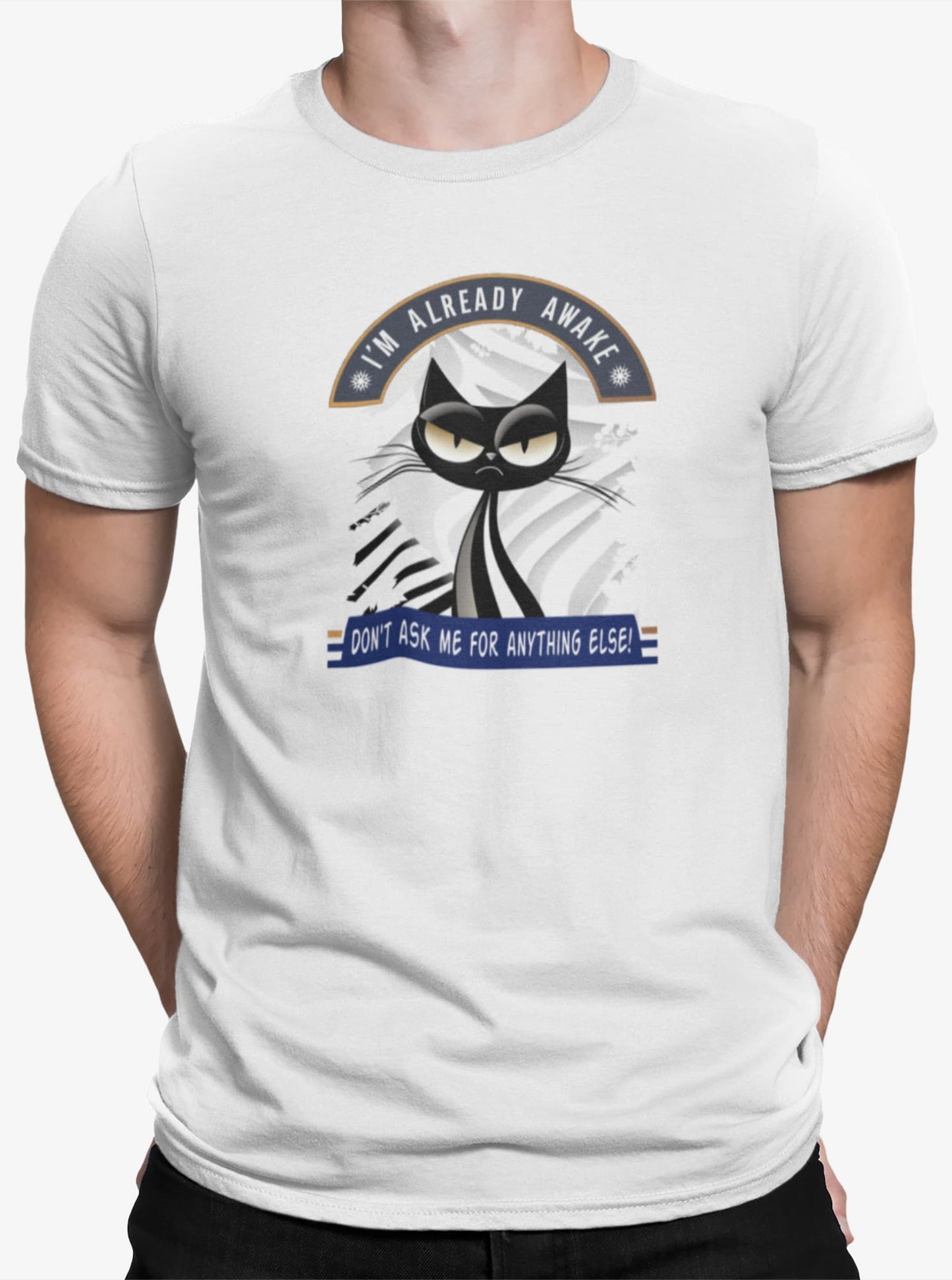 Close-up of Don’t Ask Me Cat T-Shirt – minimalist grumpy cat illustration with sarcastic text.