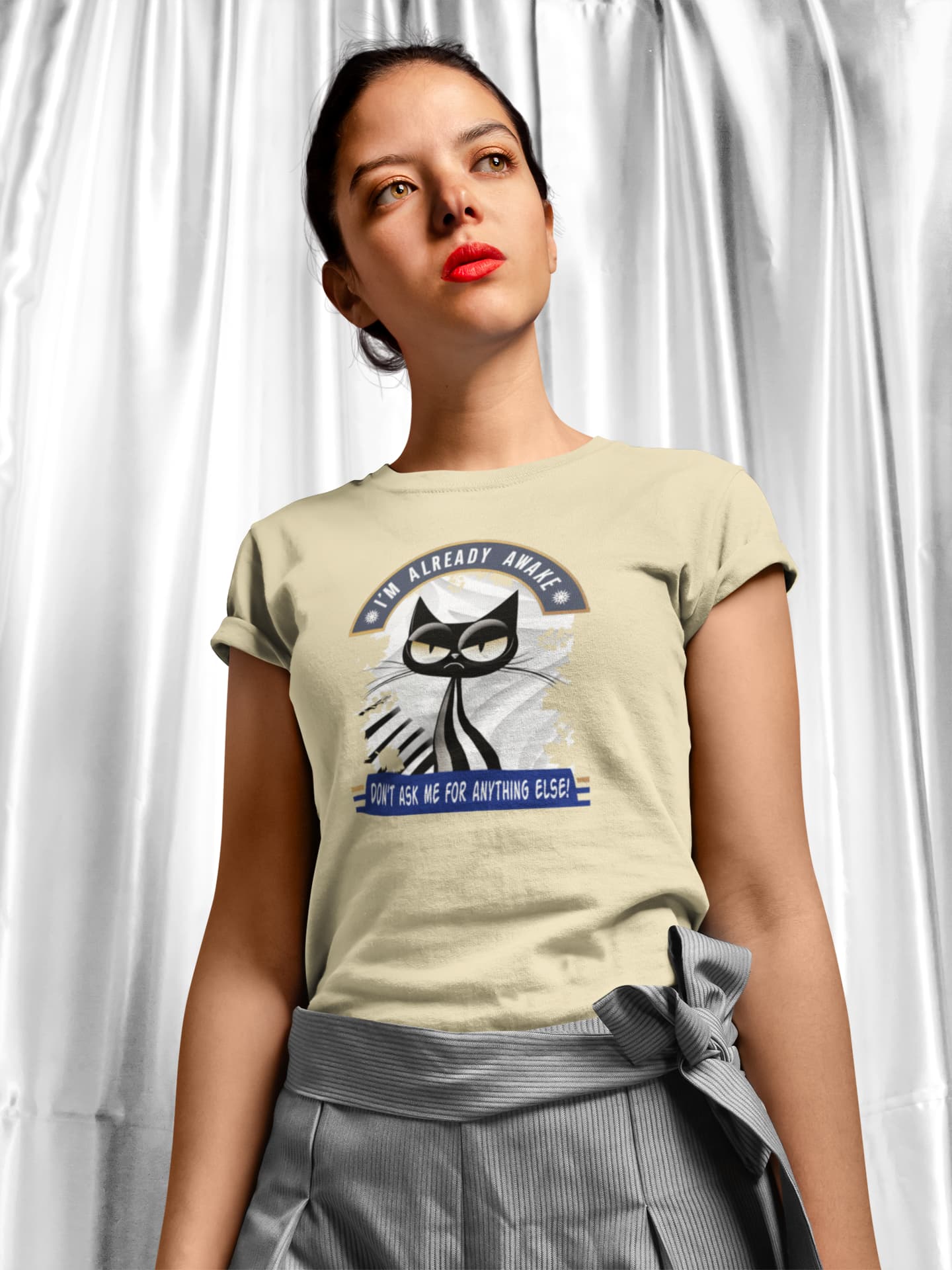 Casual look with Don’t Ask Me Cat T-Shirt – sarcastic grumpy cat humor design for feline lovers.