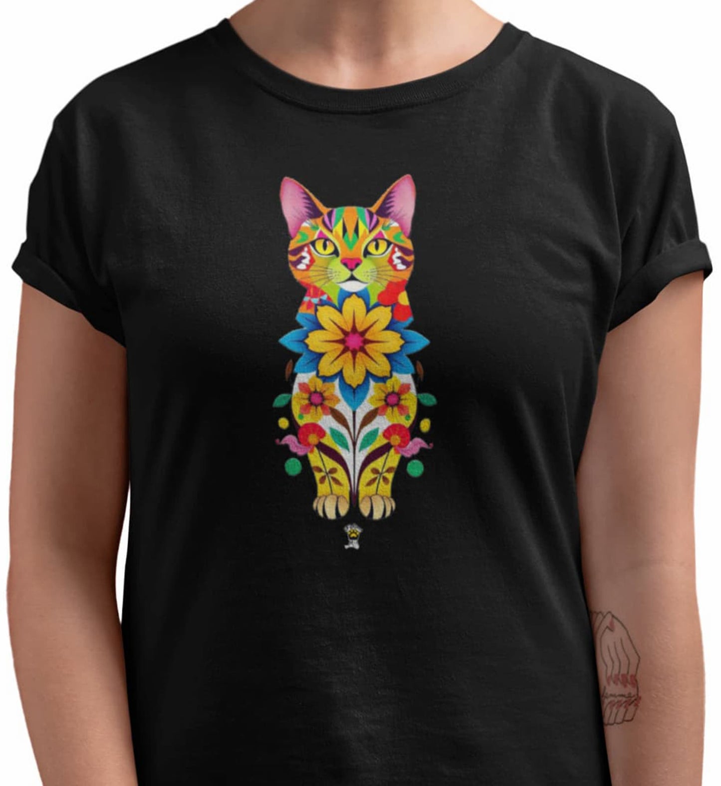 Close-up of Catflora design showing multicolored floral cat silhouette with delicate details