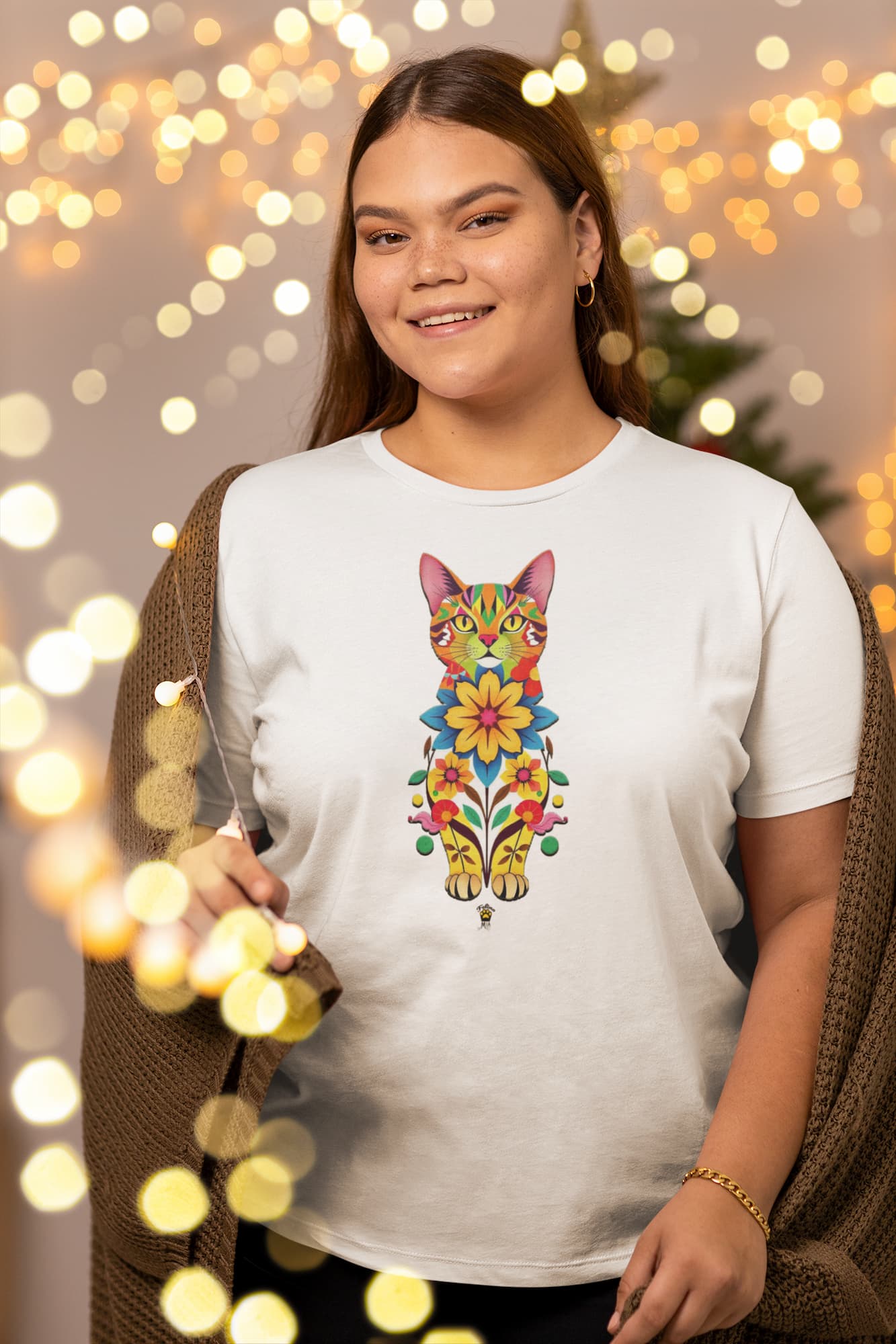 Model wearing Catflora floral cat silhouette women’s t-shirt, feminine artistic graphic tee