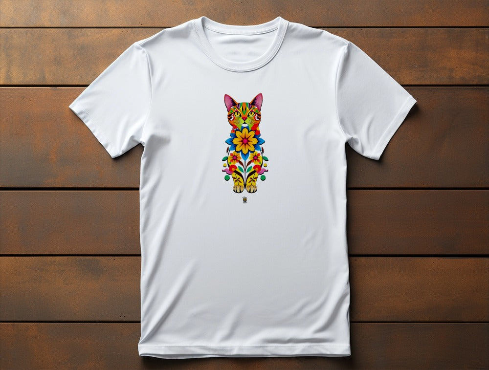 Flat lay of Catflora classic women’s t-shirt featuring multicolored floral cat silhouette