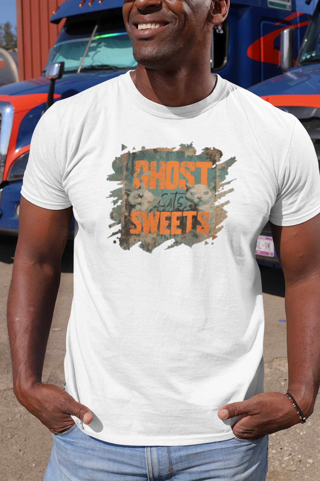 Model wearing unisex premium Ghost Sweets Halloween t-shirt with retro ghost cat and distressed poster-art design