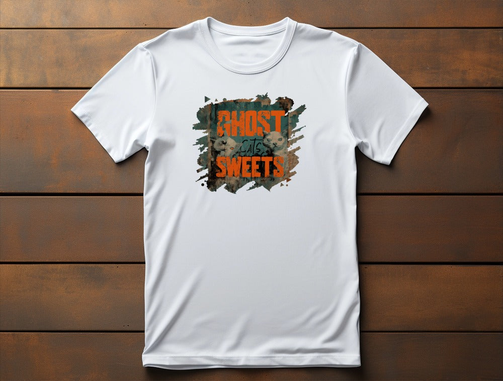 Flat lay of unisex premium Ghost Sweets t-shirt featuring two ghost cats with orange lettering in vintage horror poster style