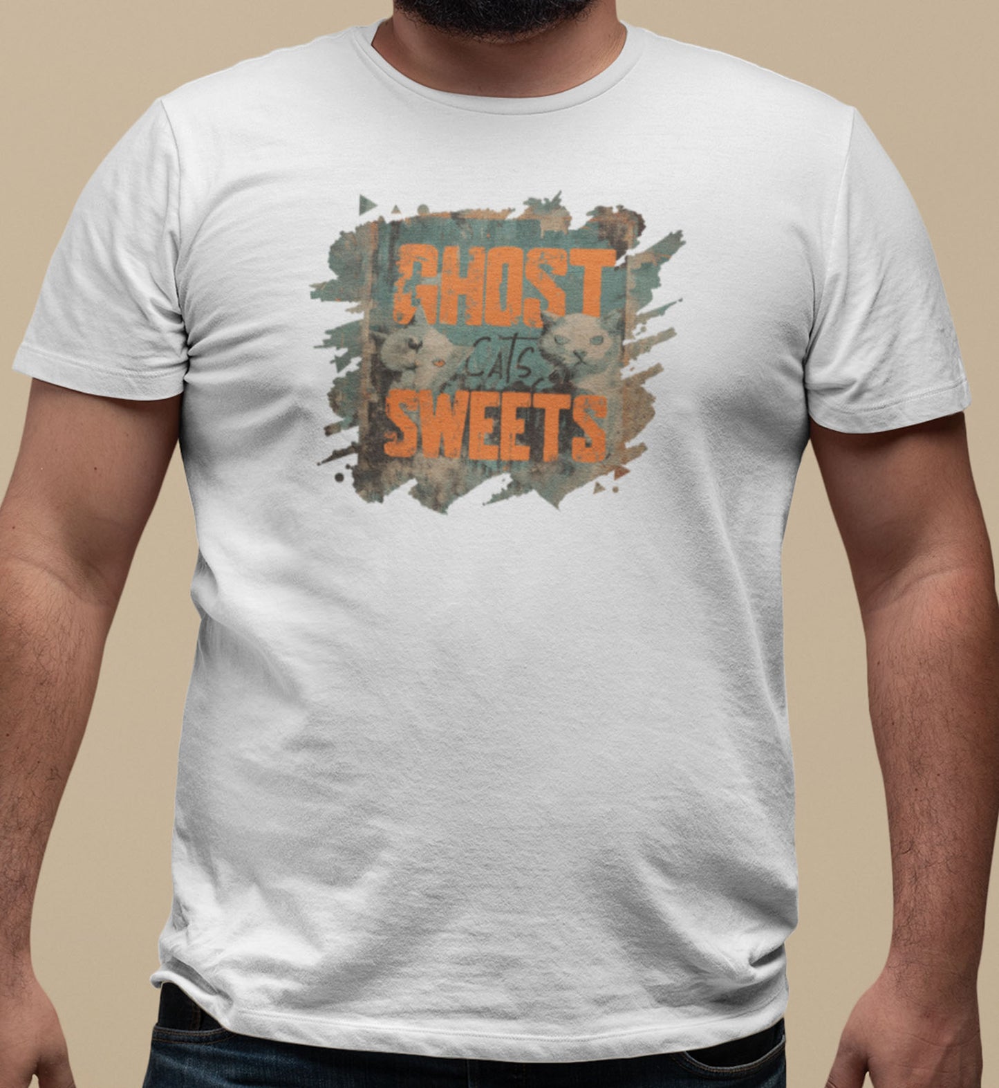 Close-up of Ghost Sweets cat t-shirt print showing ghost cats, bold orange typography, and distressed teal vintage texture