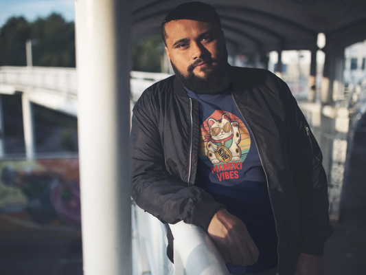 Model wearing Lucky Vibes T-Shirt – premium unisex tee with Maneki-neko in sunglasses, retro vintage stripes and 'Maneki Vibes' text.