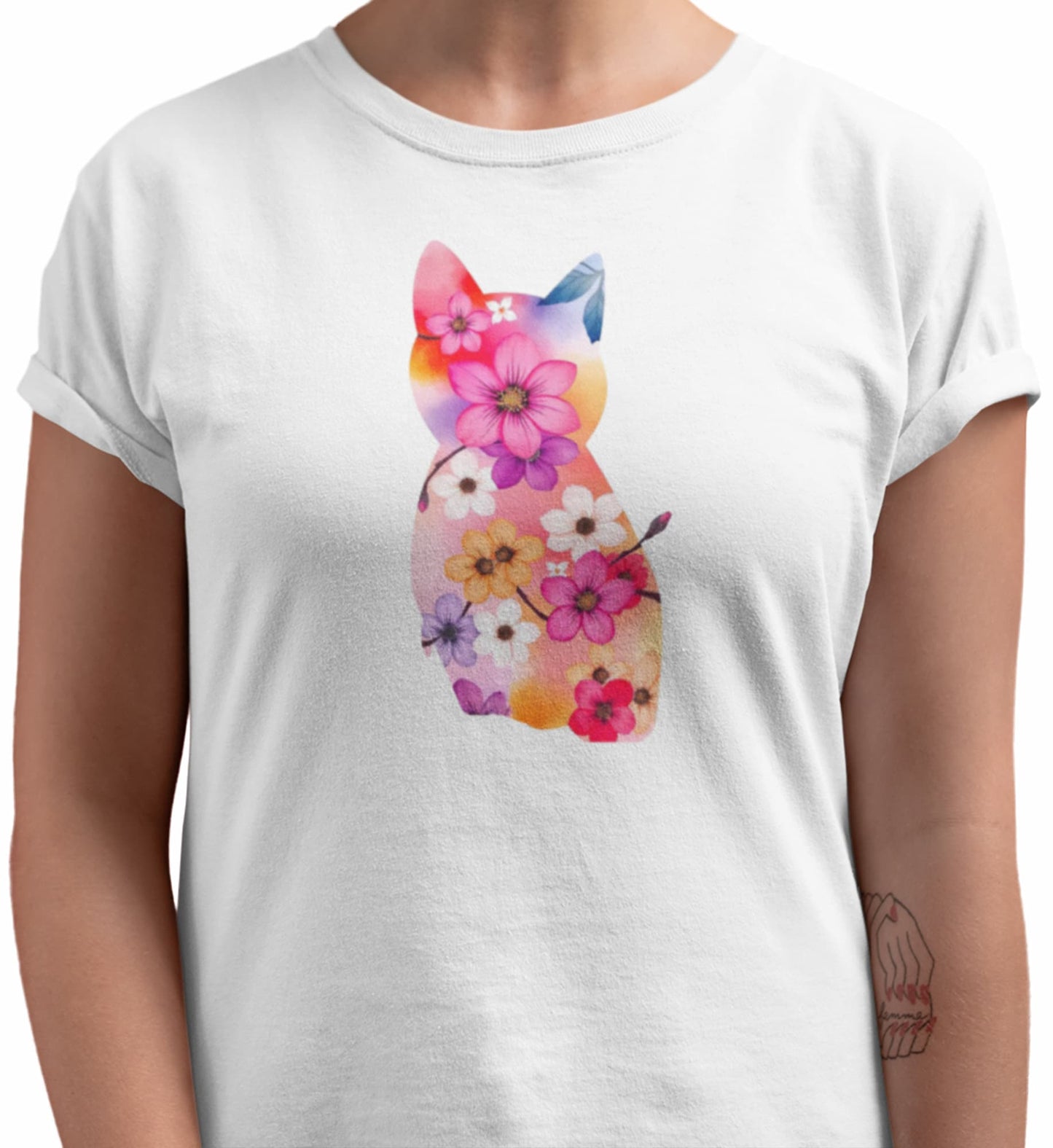 Close-up of Sakura Cat t-shirt print showing cat silhouette made of delicate cherry blossoms