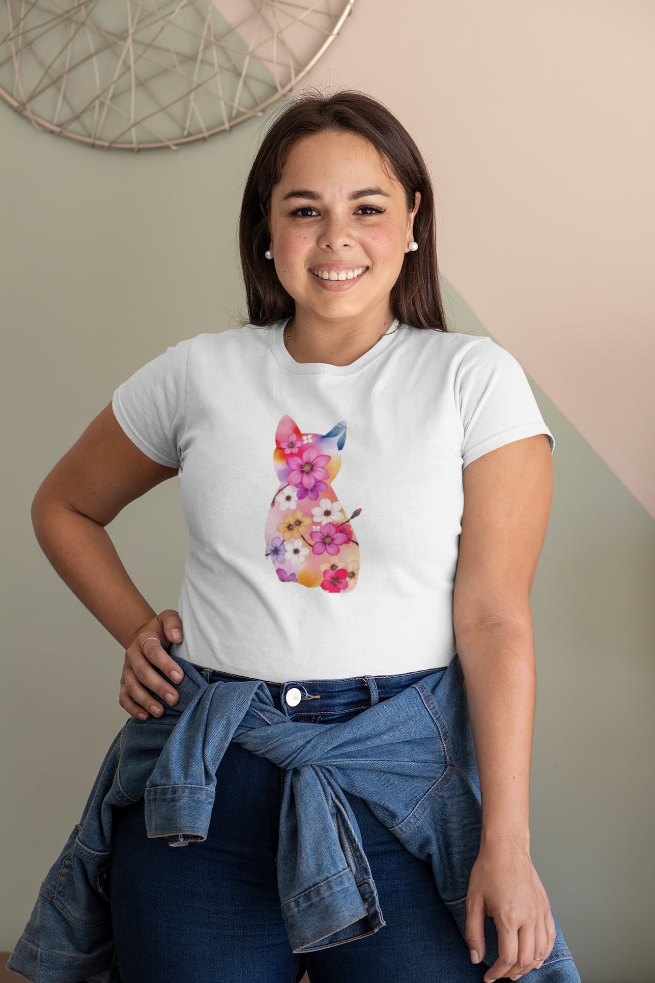 Mockup of Sakura Cat women’s t-shirt featuring cherry blossom cat silhouette, Japanese inspired design