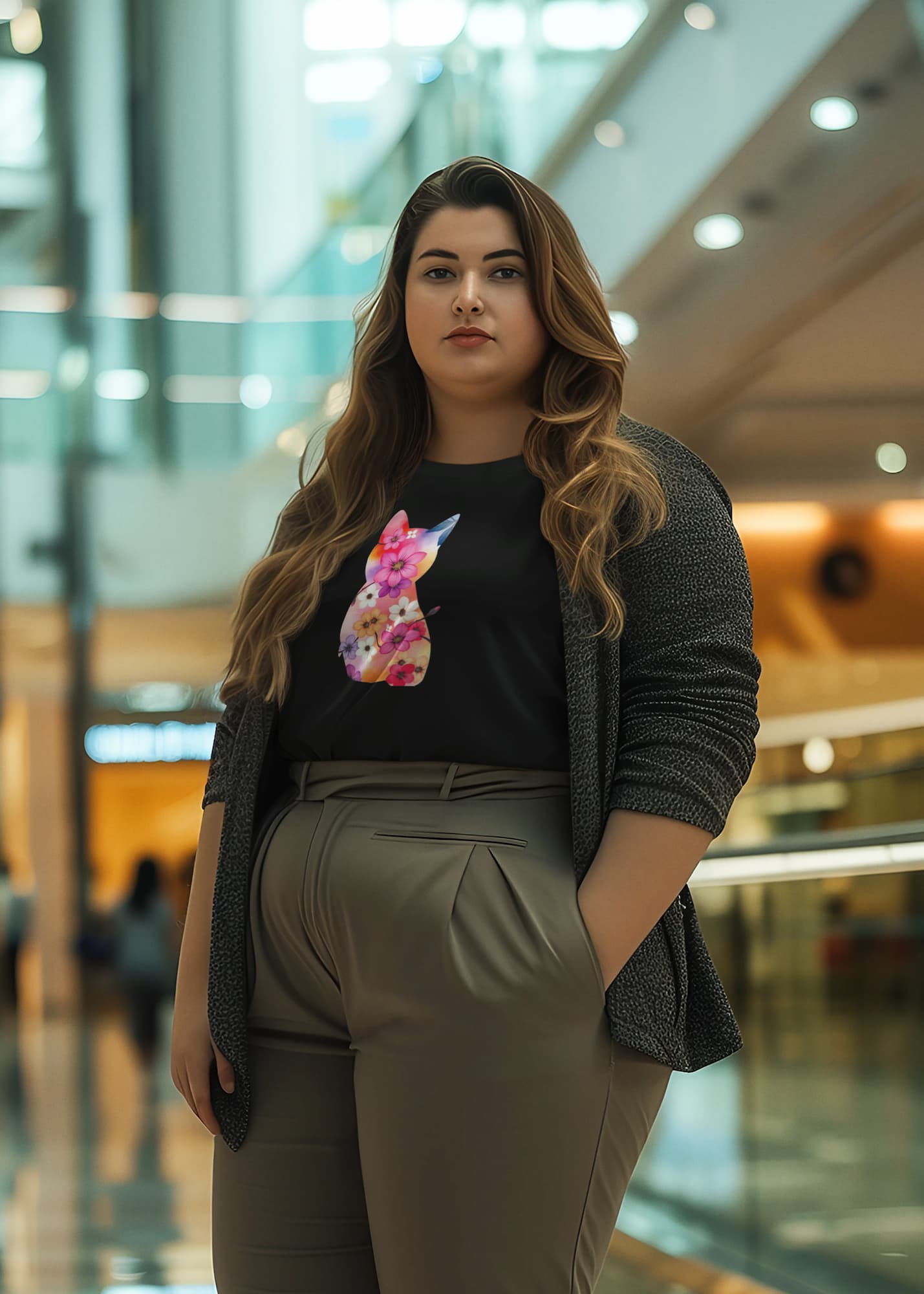 Model wearing Sakura Cat women’s t-shirt with cherry blossom cat design, feminine Japanese style