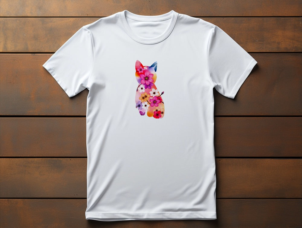 Flat lay of Sakura Cat classic women’s t-shirt with cherry blossom cat silhouette design