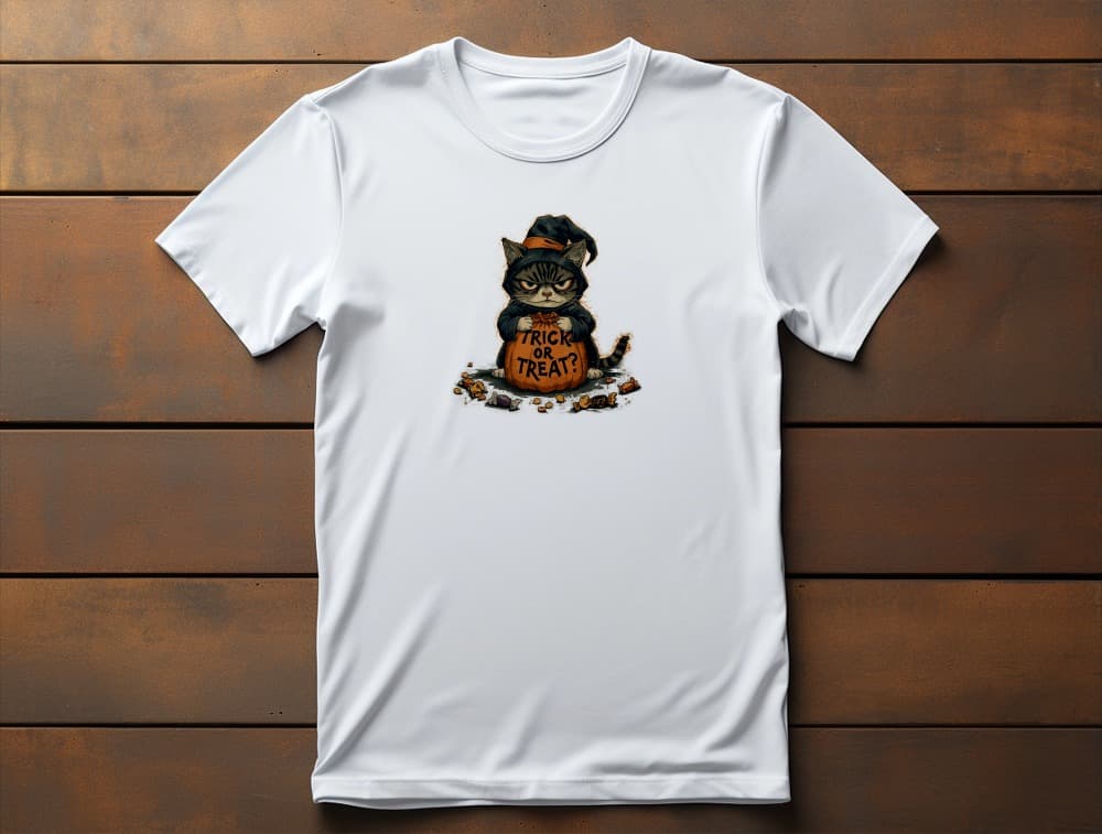 Flat lay of Trick or Treat Cat t-shirt featuring witch-hat black cat with candy sack in distressed vintage horror style