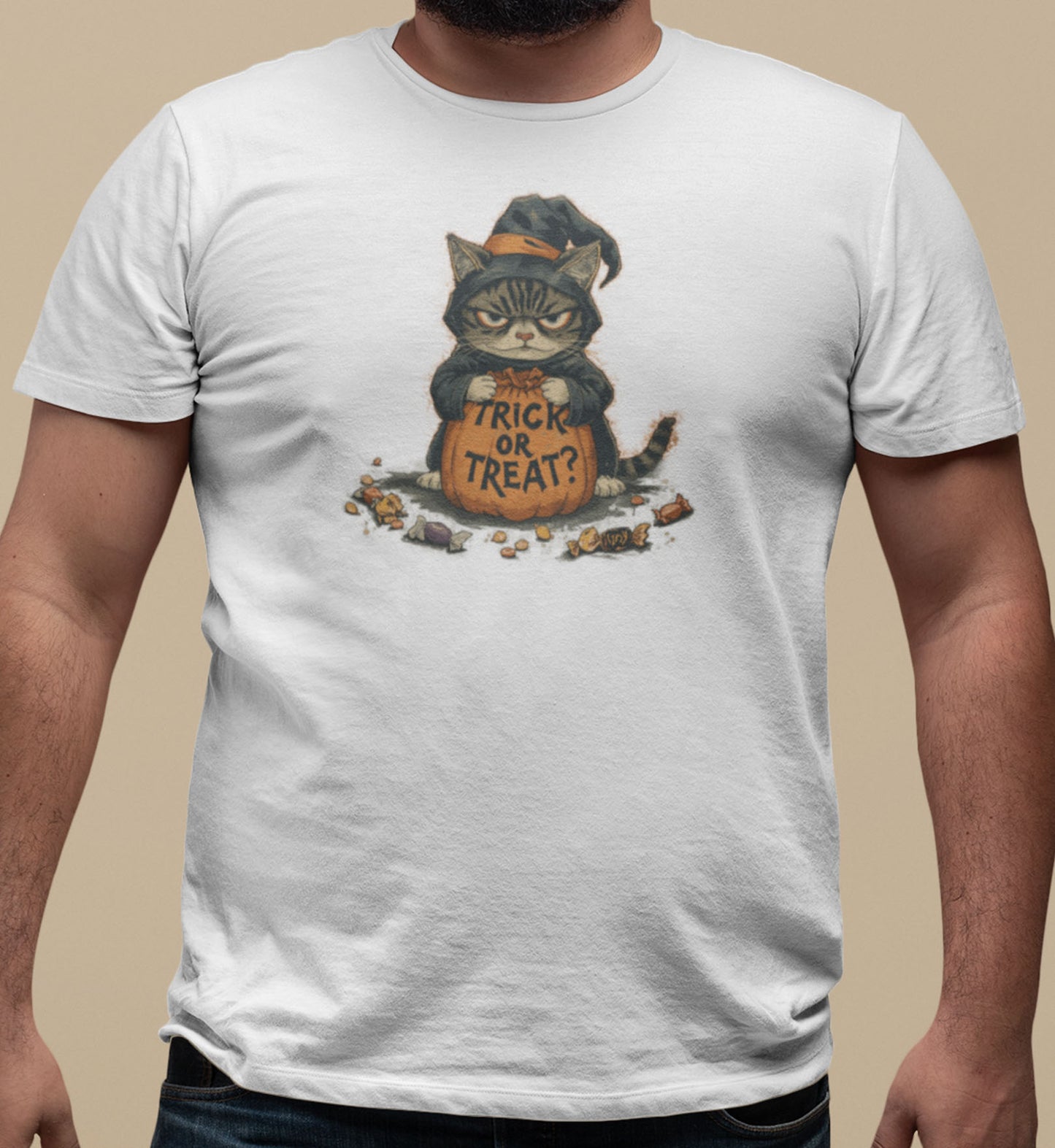 Close-up of Trick or Treat Cat Halloween t-shirt print showing witch-hat feline, candy details, and distressed gray-black poster texture
