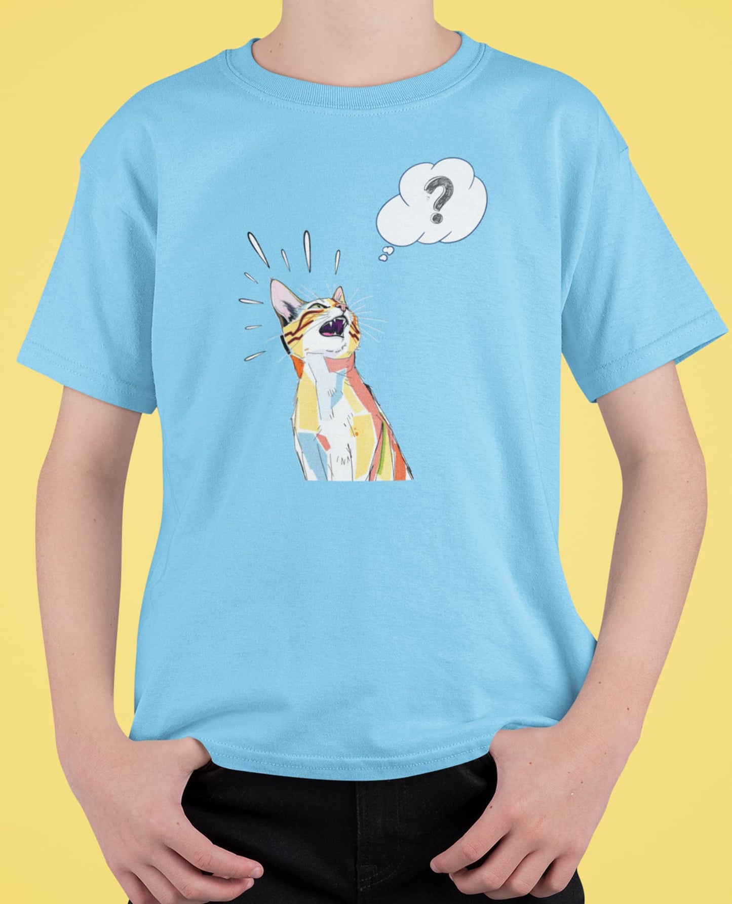 Close-up of What? Funny Cat T-Shirt – minimalist cat face illustration with sarcastic text.