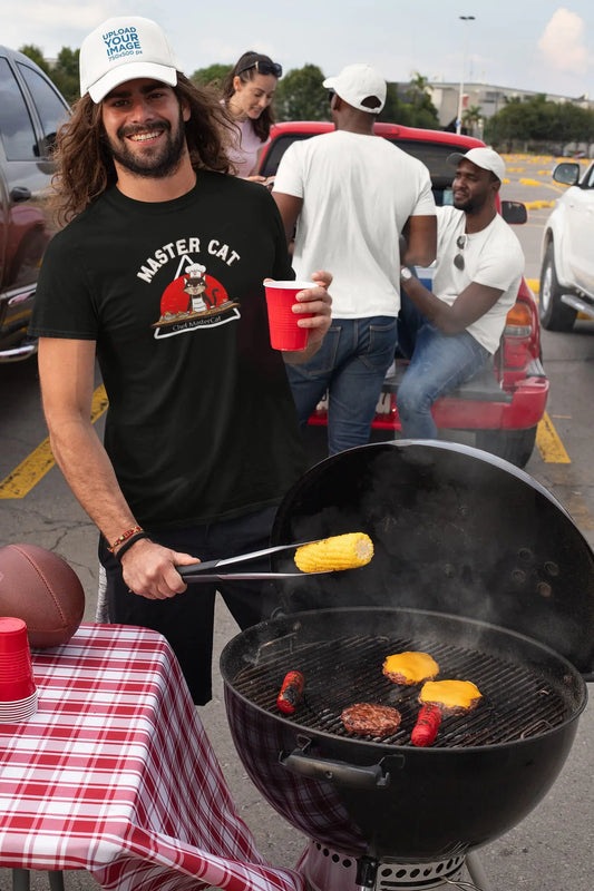 Model wearing Chef Mastercat Funny Cat Chef T-Shirt – unisex premium tee with humorous cooking cat design.
