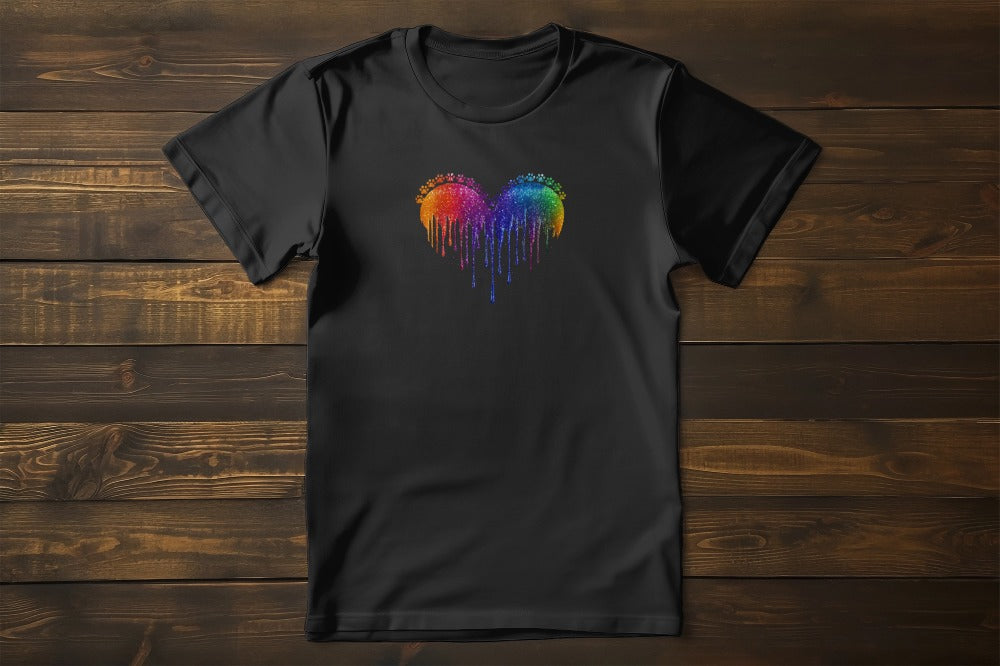 Flat lay of Lover Cat classic women’s t-shirt featuring heart surrounded by tiny cat paw prints