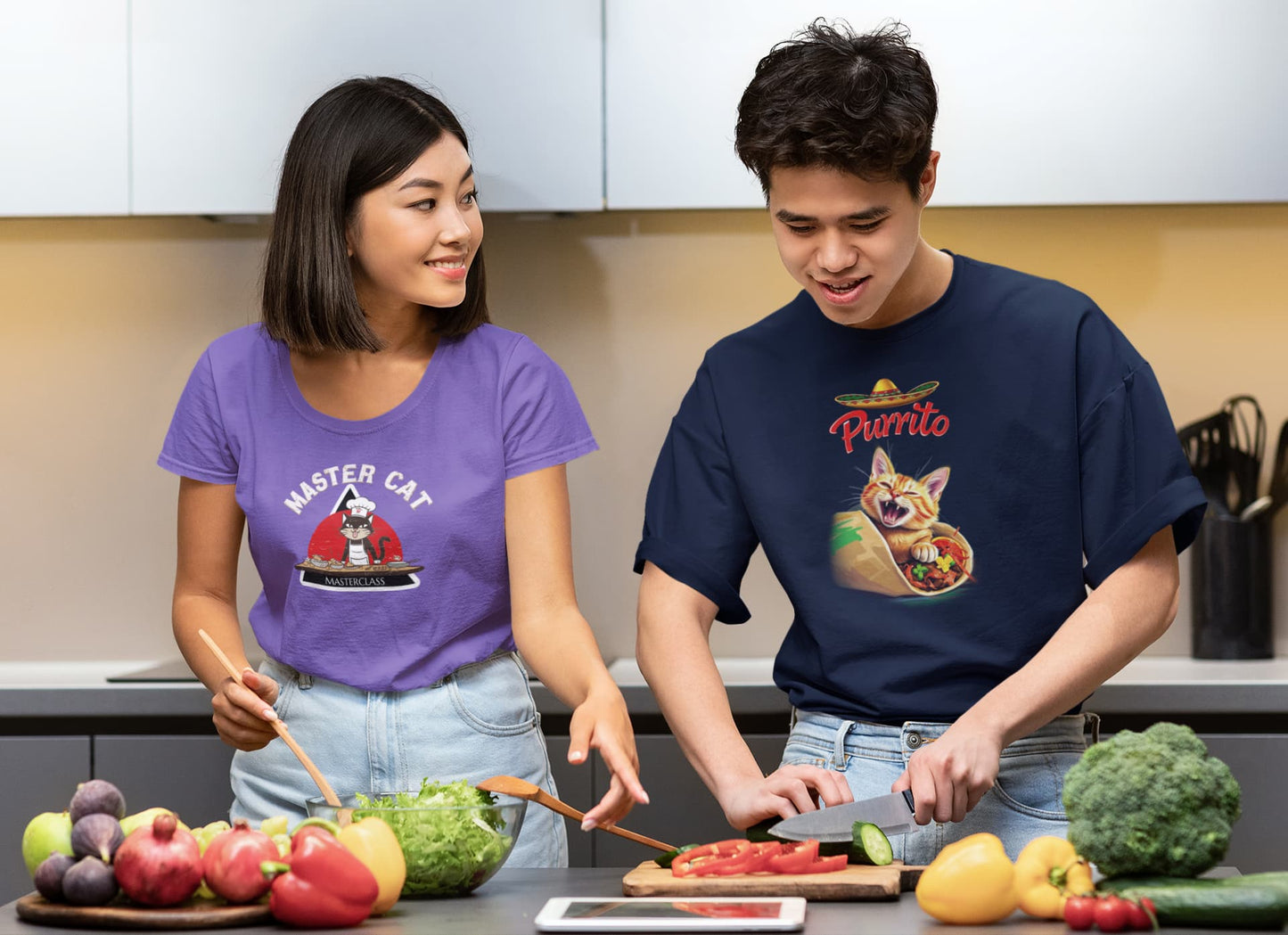 Casual outfit with Mastercat Masterclass Funny Cat Chef T-Shirt – playful culinary cat design for foodies and cat lovers.
