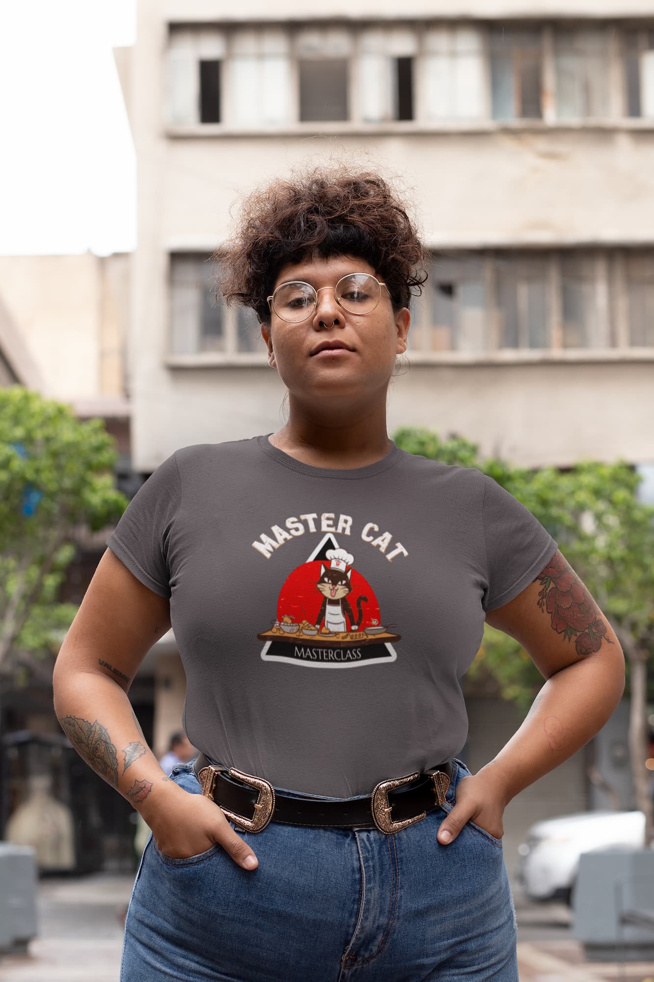 Casual outfit with Mastercat Masterclass Funny Cat Chef T-Shirt – playful culinary cat design for foodies and cat lovers.