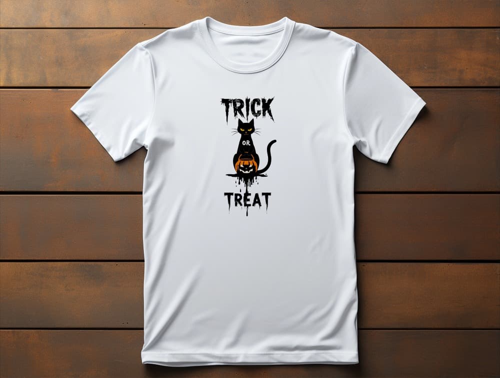 Flat lay of No Candy No Mercy Halloween t-shirt featuring bold minimalist black cat, pumpkin bucket, and Trick or Treat typography