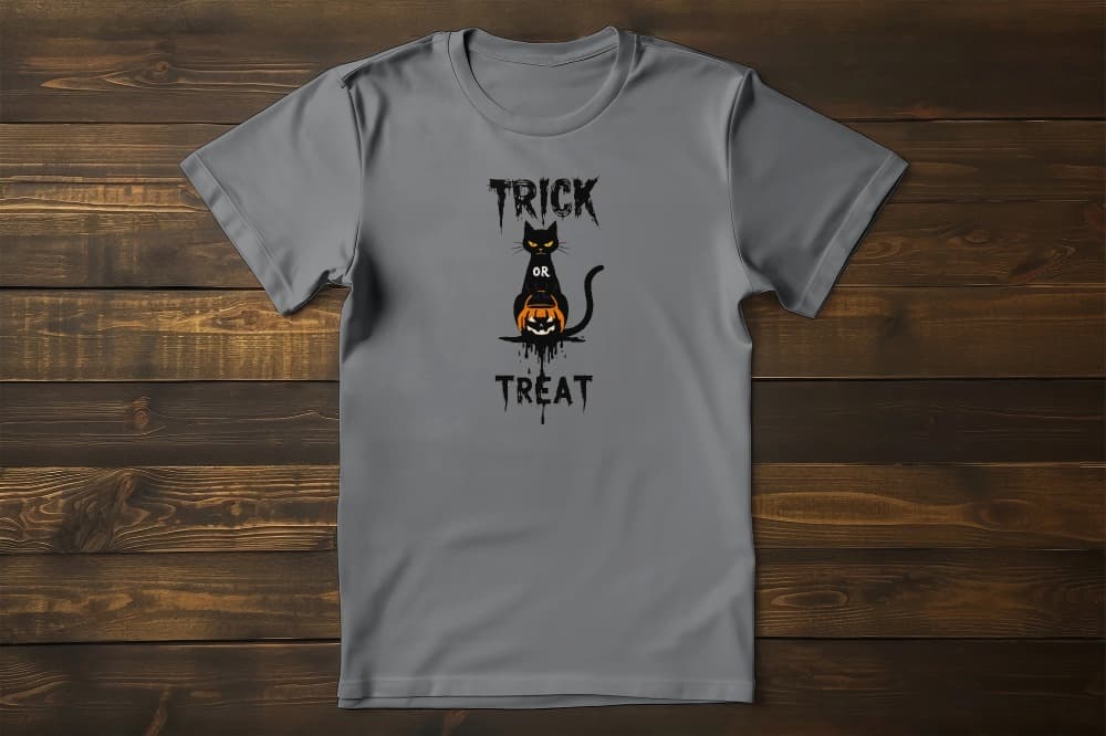 Flat lay of No Candy No Mercy Halloween t-shirt featuring bold minimalist black cat, pumpkin bucket, and Trick or Treat typography
