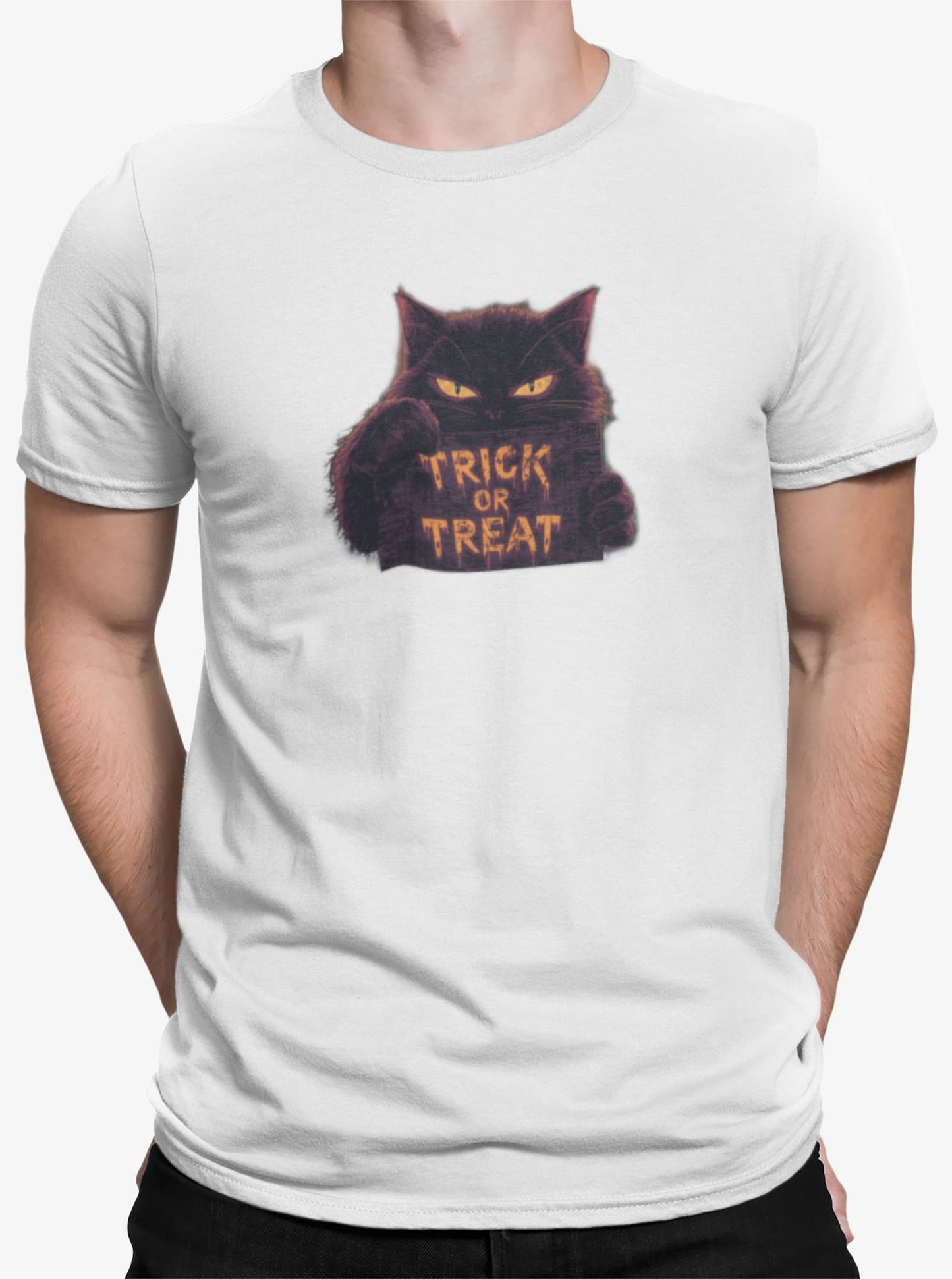 Close-up of Cursed Candy Halloween cat t-shirt design showing glowing yellow Trick or Treat sign held by mysterious cat with bright feline eyes