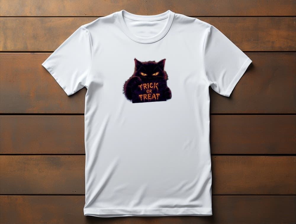 Flat lay of Cursed Candy Halloween t-shirt featuring bold minimalist cat design with glowing Trick or Treat sign and eerie vintage style
