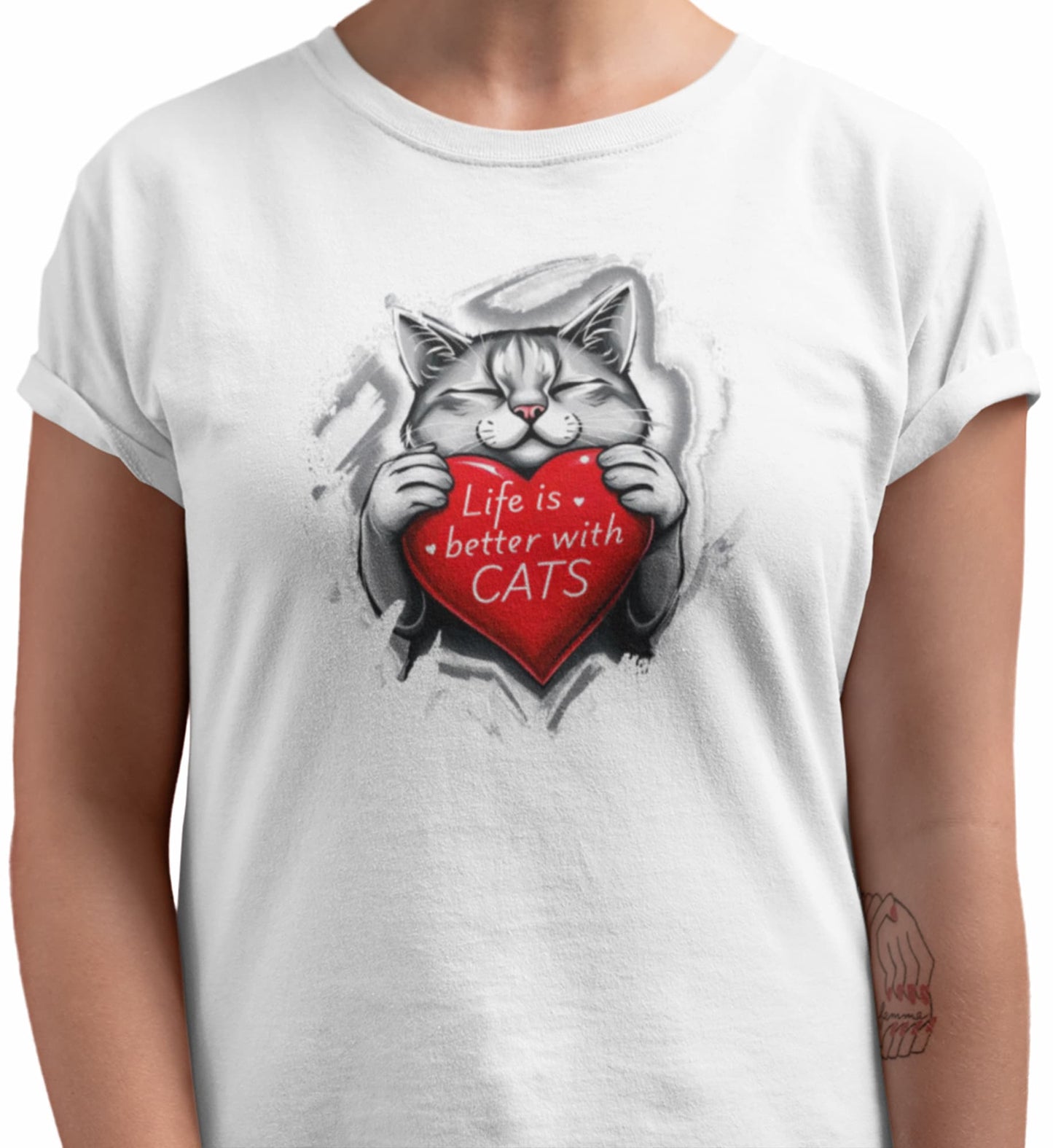 Close-up of Life Is Better With Cats t-shirt print showing sleek minimalist cat design with text