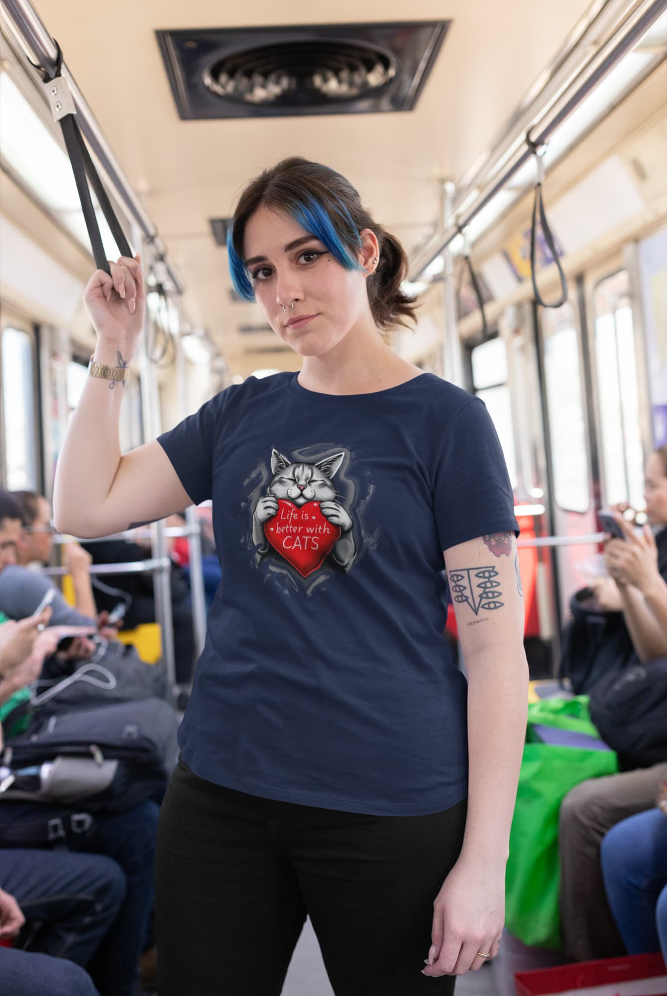 Model wearing Life Is Better With Cats women’s t-shirt, minimalist cat lover fashion