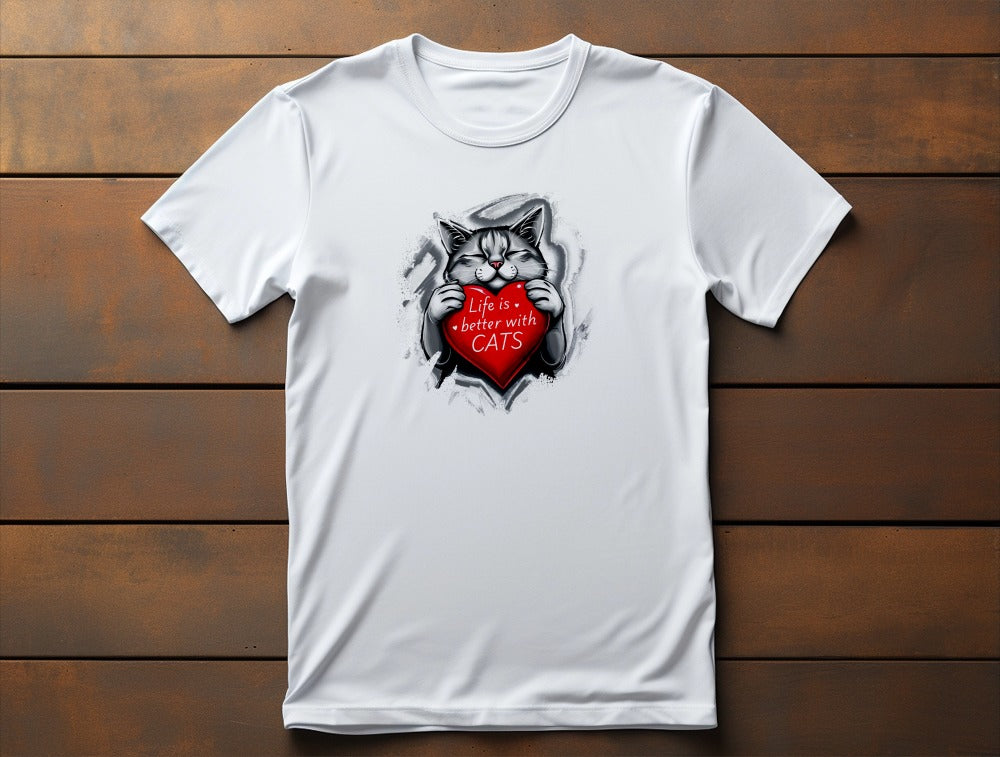 Flat lay of Life Is Better With Cats classic women’s t-shirt featuring bold artistic cat design