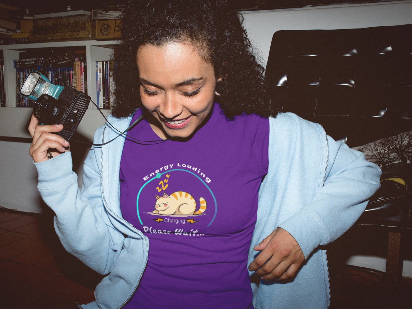 Casual outfit featuring Charger Cat Funny Sleeping Cat T-Shirt – playful cat lover tee with charging theme.