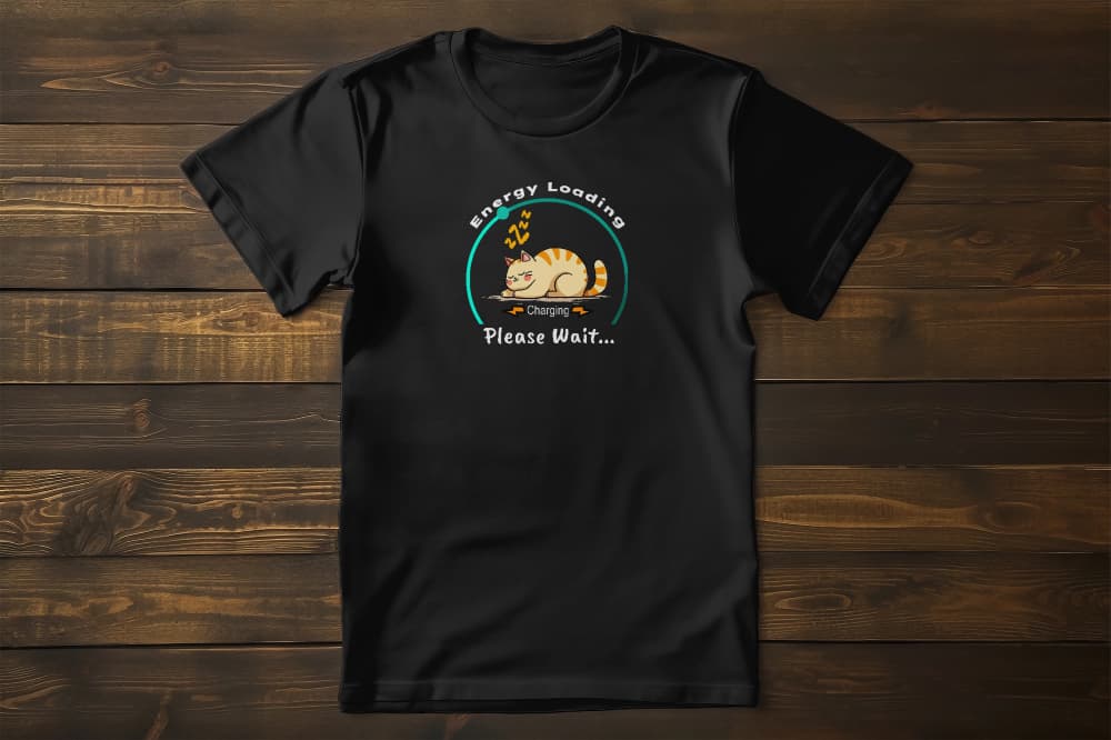Charger Cat Funny Sleeping Cat T-Shirt – unisex premium tee with cute cat charging please wait design.