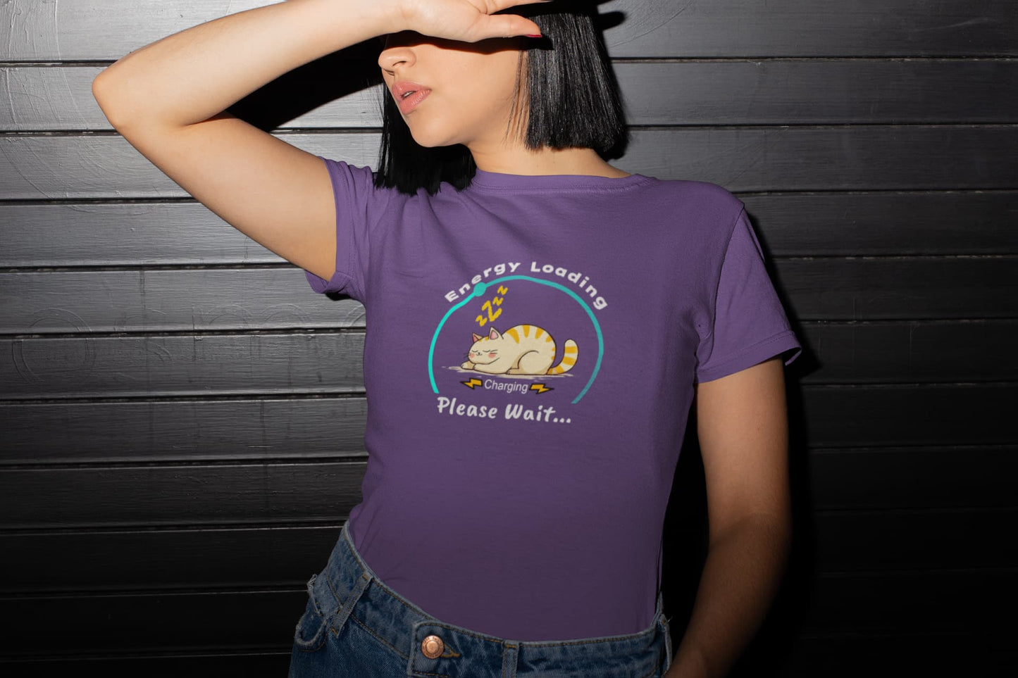 Casual outfit featuring Charger Cat Funny Sleeping Cat T-Shirt – playful cat lover tee with charging theme.