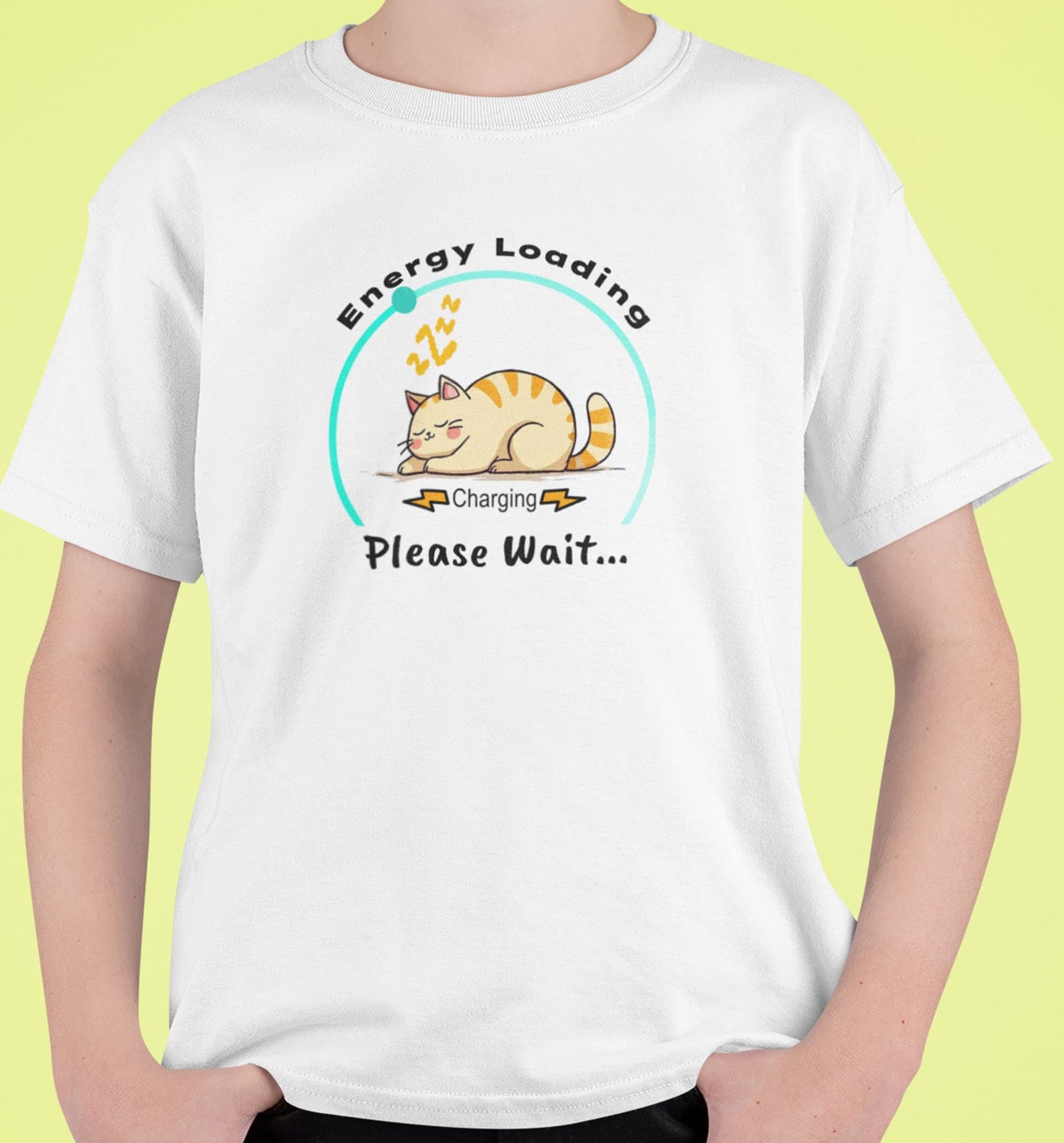 Close-up of Charger Cat Funny Sleeping Cat T-Shirt – graphic with sleeping cat, energy loading and charging please wait text.