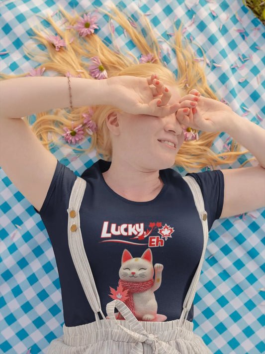 Model wearing Lucky Eh T-Shirt – unisex premium tee with Maneki-neko holding maple leaf and scarf, Canadian lucky cat design.