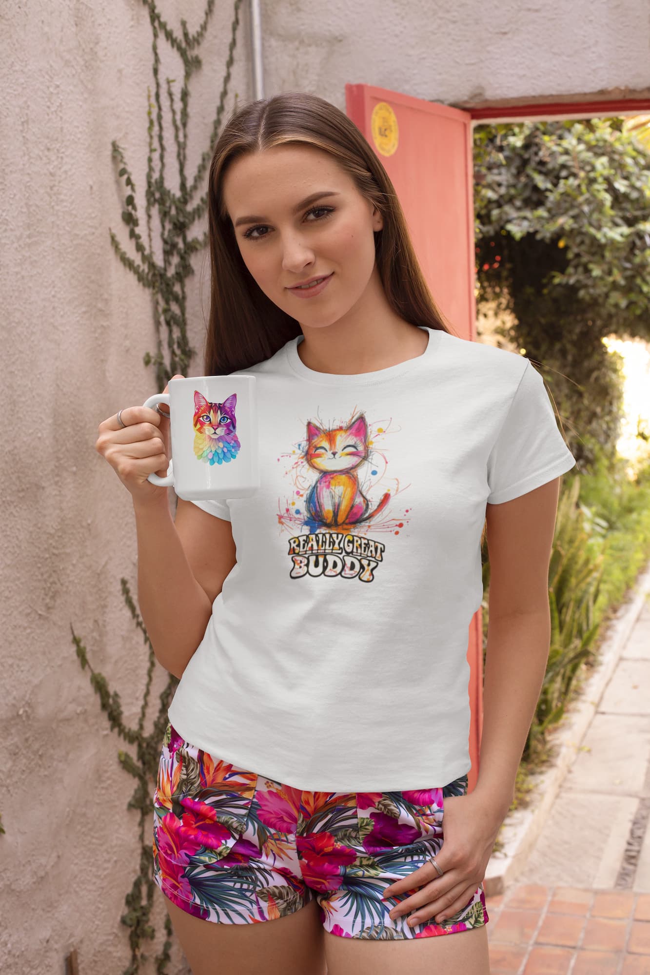 Mockup of RGB Cat women’s t-shirt with colorful Really Great Buddy design