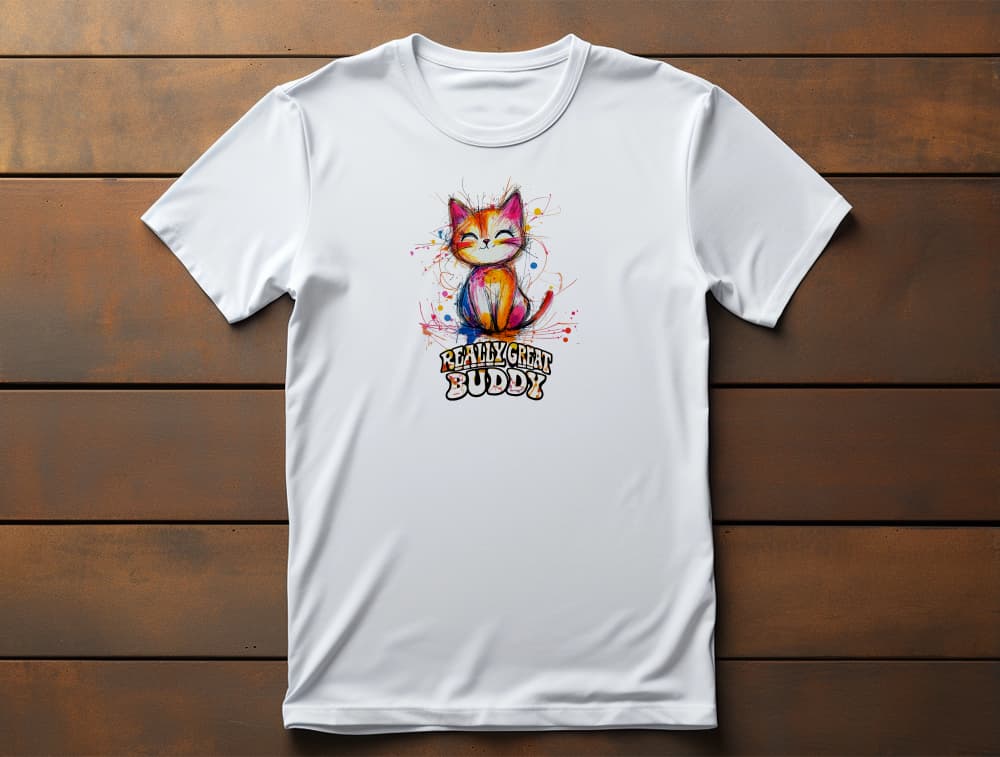 Flat lay of RGB Cat classic women’s t-shirt featuring playful colorful cat graphic