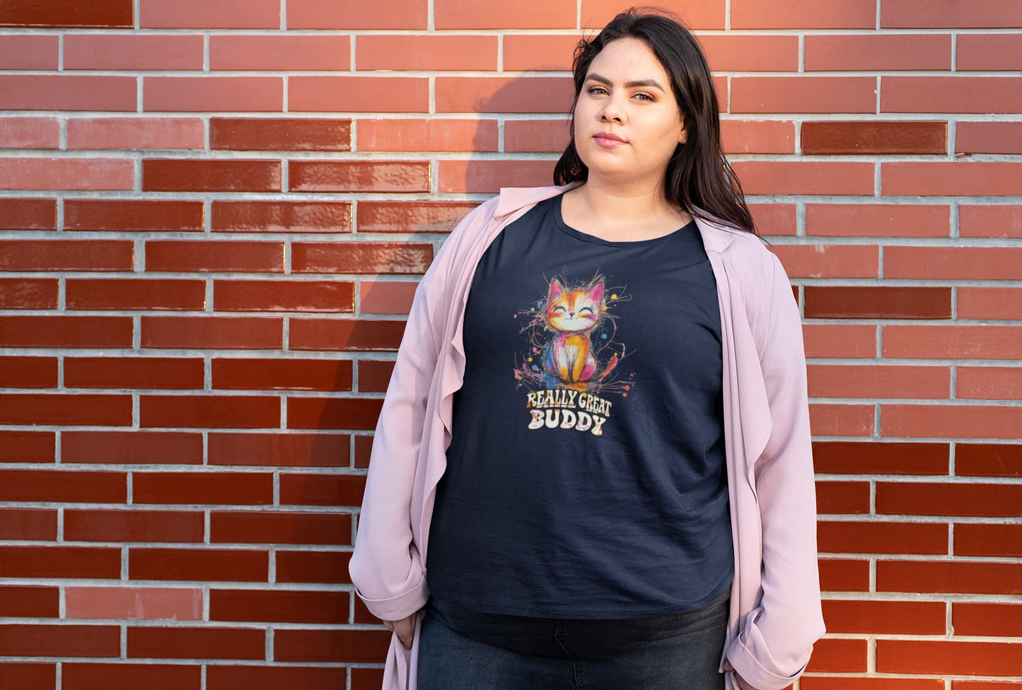 Model wearing RGB Cat women’s t-shirt, bright colorful cat lover design