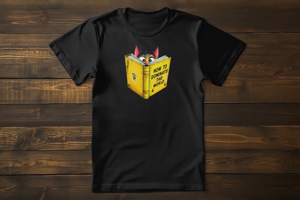 How to Dominate the World Funny Conspirator Cat T-Shirt β unisex premium tee with witty cat reading book design.