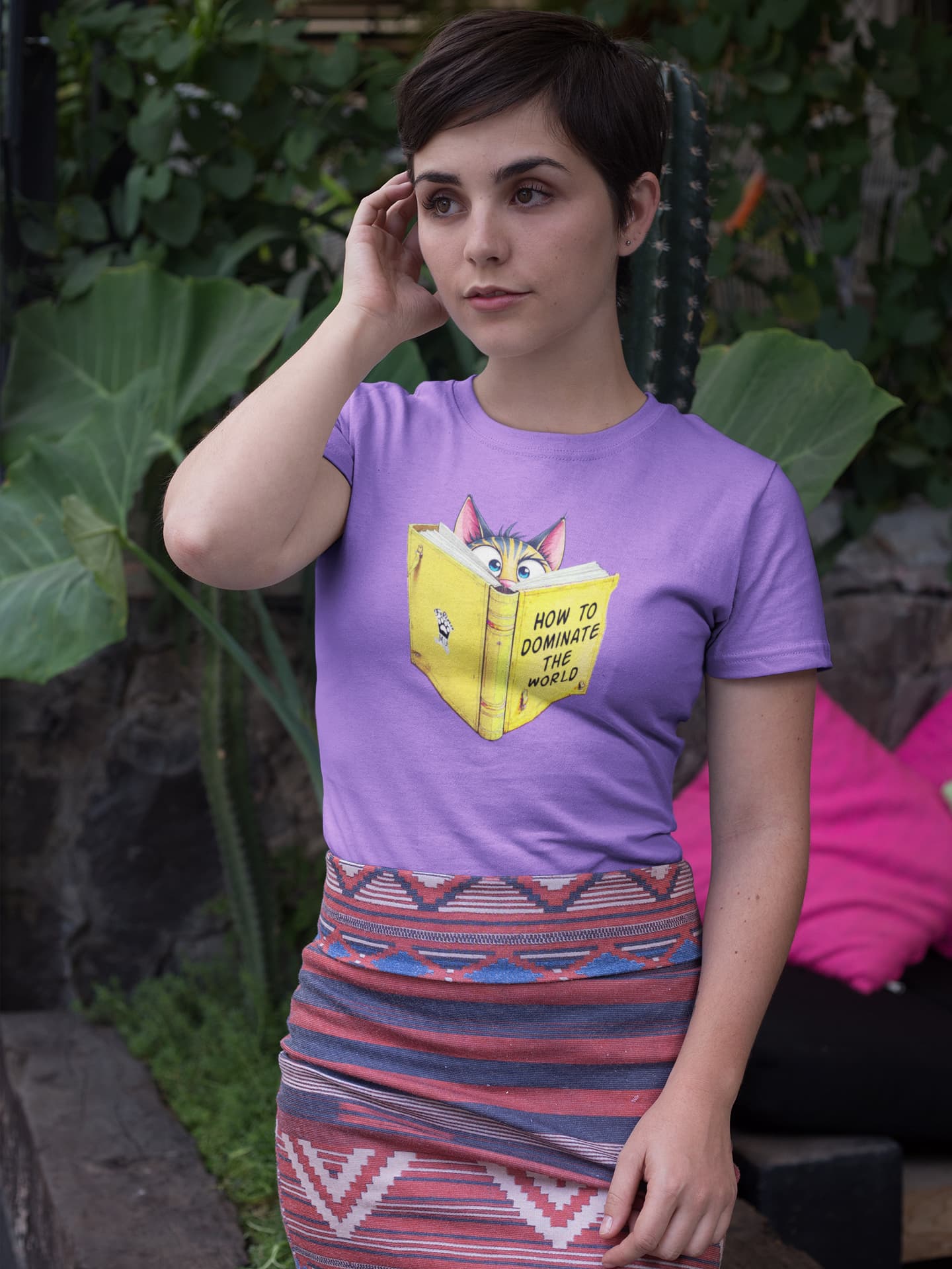 Casual outfit featuring How to Dominate the World Funny Conspirator Cat T-Shirt β sarcastic cat lover tee with conspiracy theme.