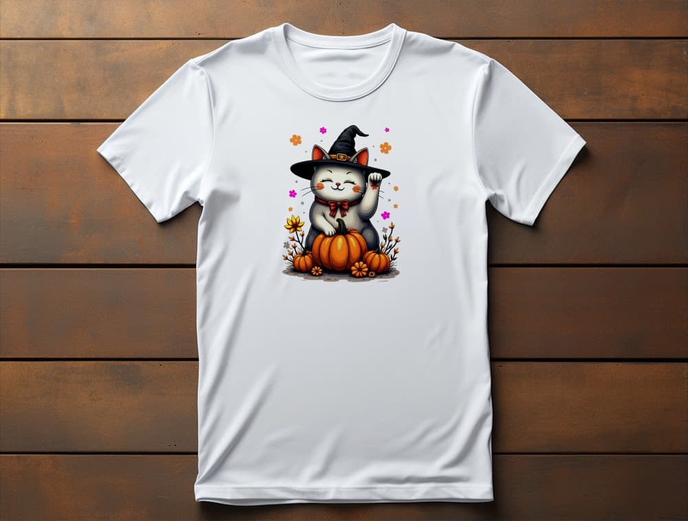 Flat lay of Witch Luck cat t-shirt showing Halloween Maneki-neko design with witch hat, raised paw, and vibrant gradient flowers on dark fabric
