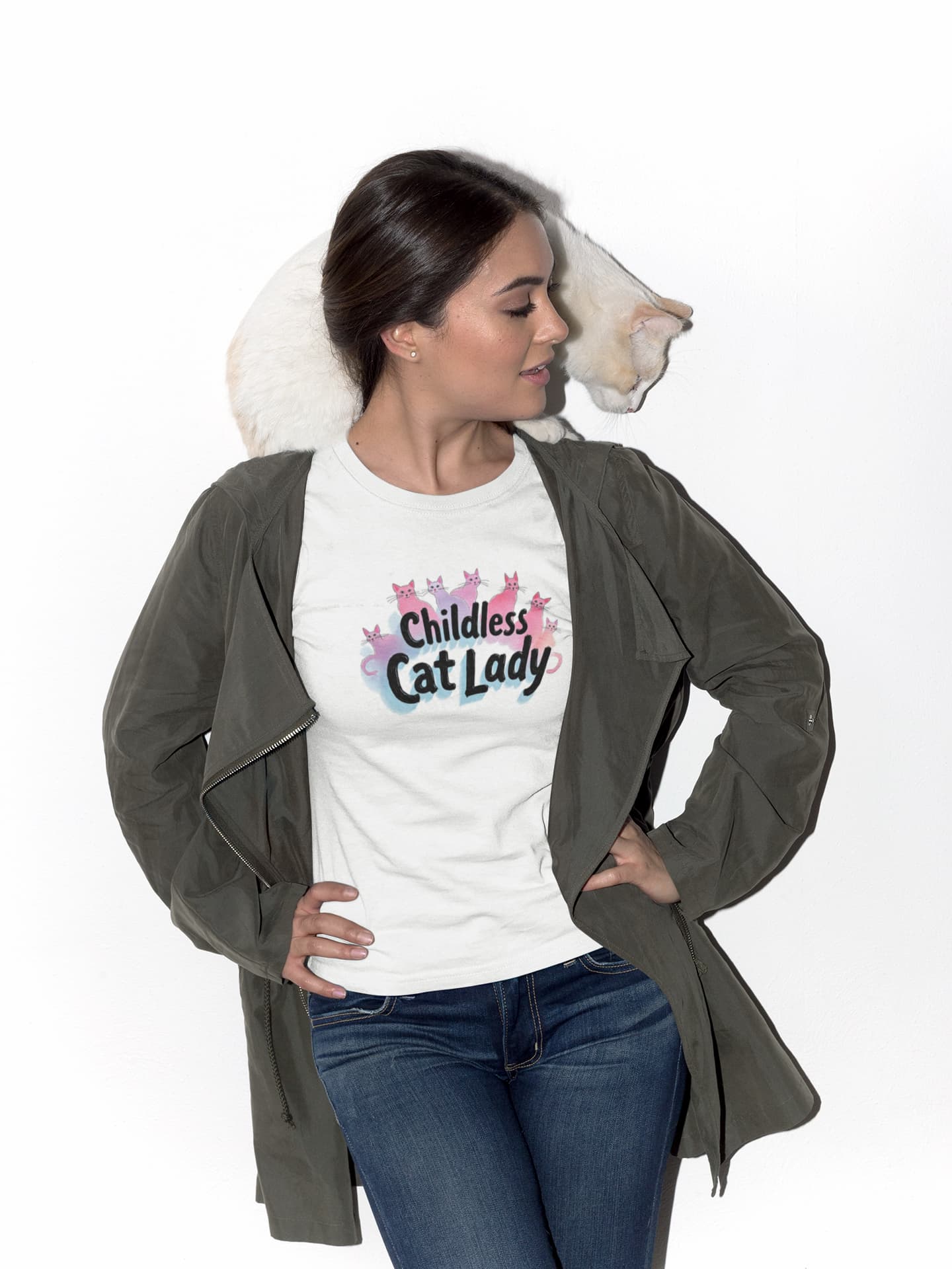 Model wearing Childless Cat Lady t-shirt for women with fun and cheeky cat-inspired text design