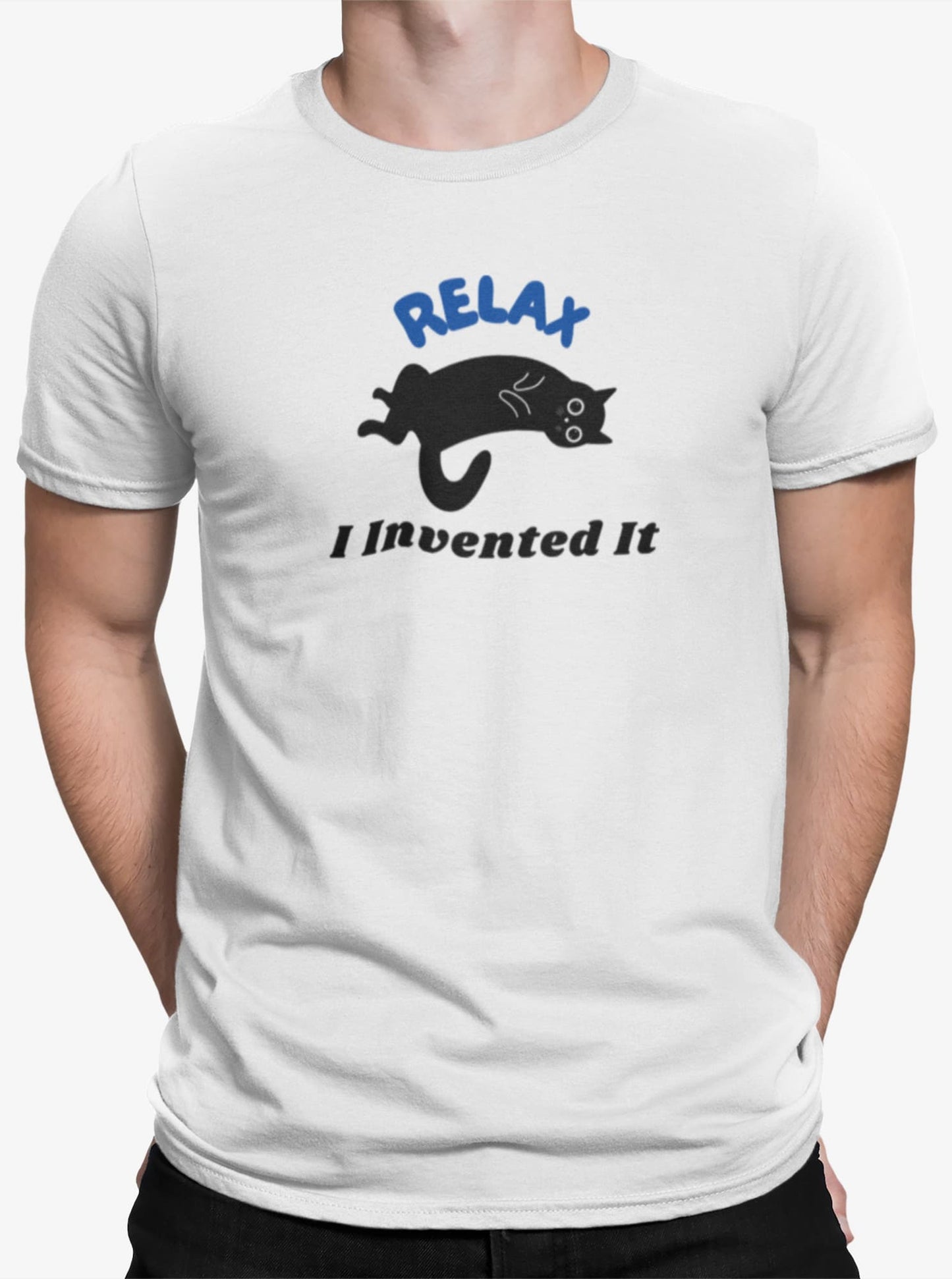 Close-up of Relax Funny Zen Cat T-Shirt ā minimalist lounging cat graphic radiating calm and humor.