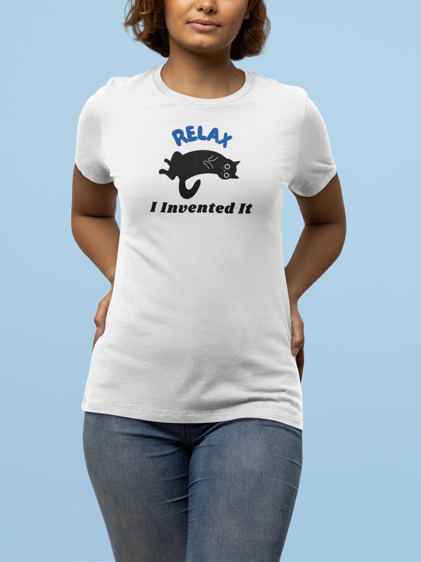 Casual outfit with Relax Funny Zen Cat T-Shirt – stylish unisex tee with peaceful minimalist cat design.