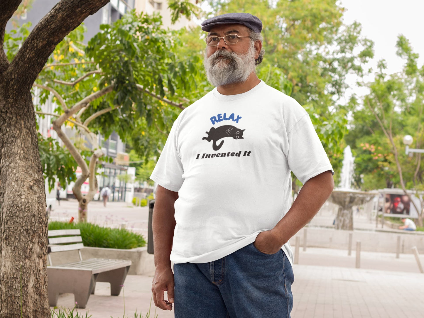Model wearing Relax Funny Zen Cat T-Shirt ā unisex premium tee with minimalist lounging cat design.